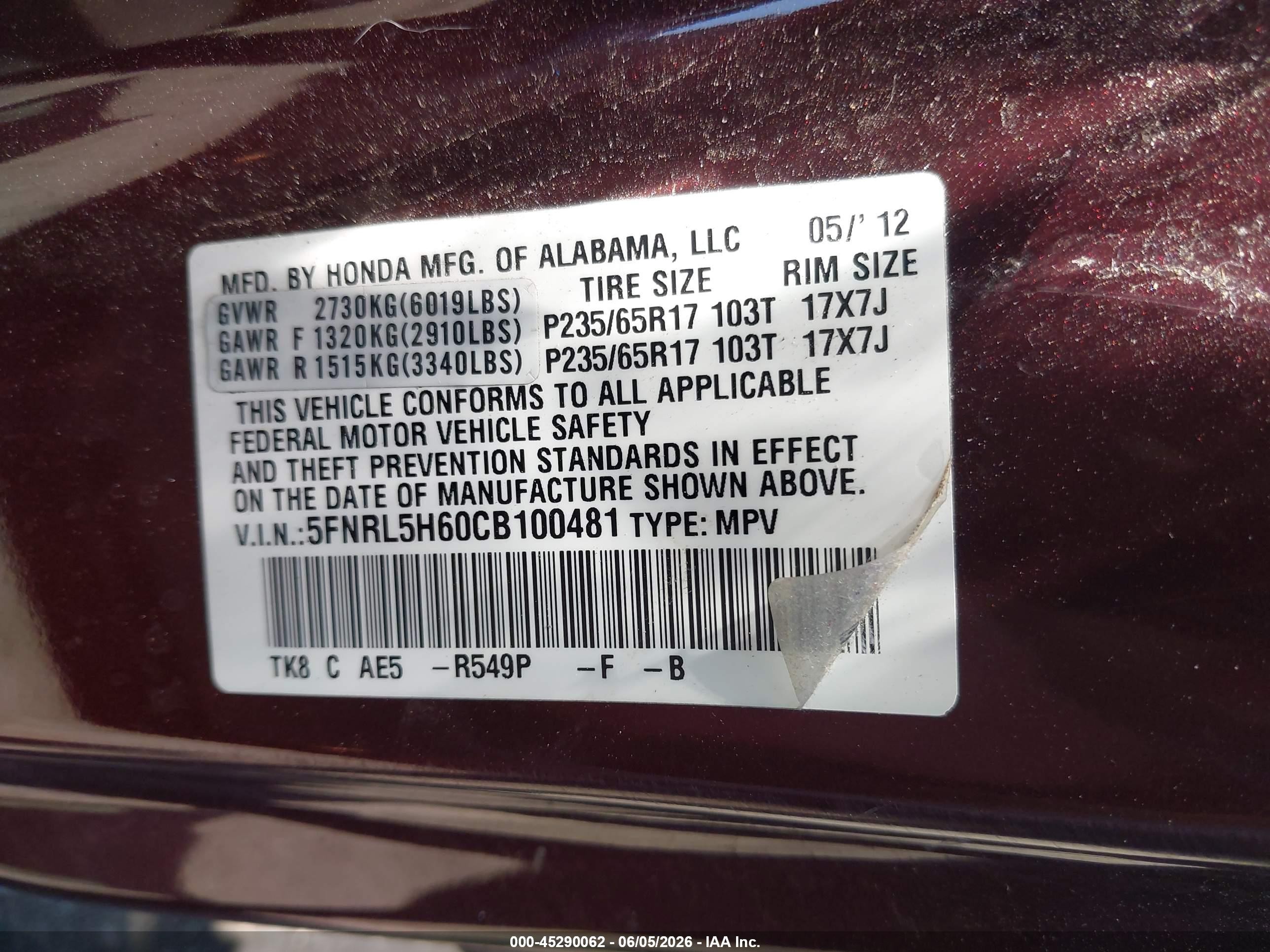 2012 Honda Odyssey Ex-l Burgundy vin: 5FNRL5H60CB100481