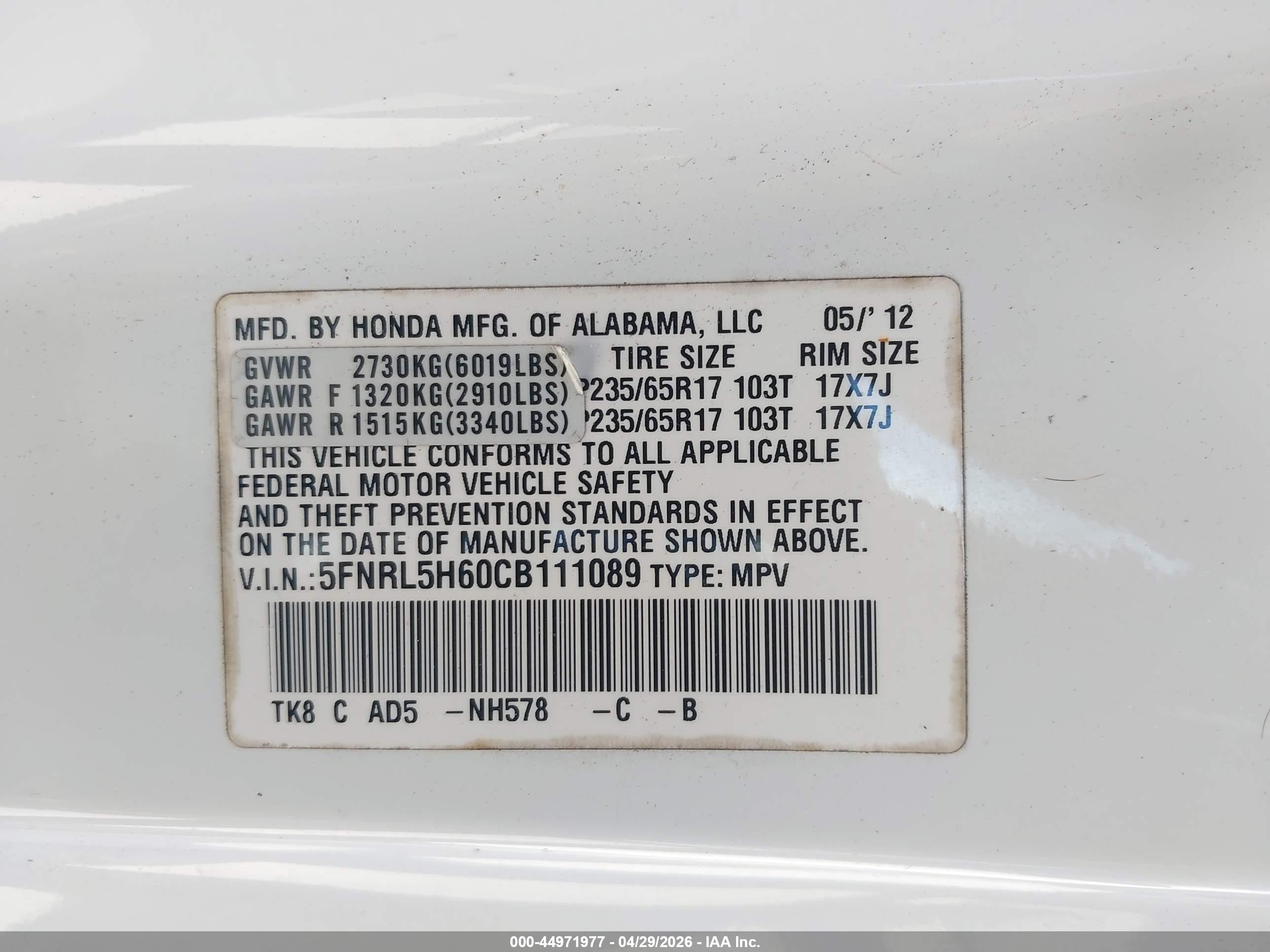2012 Honda Odyssey Ex-l White vin: 5FNRL5H60CB111089