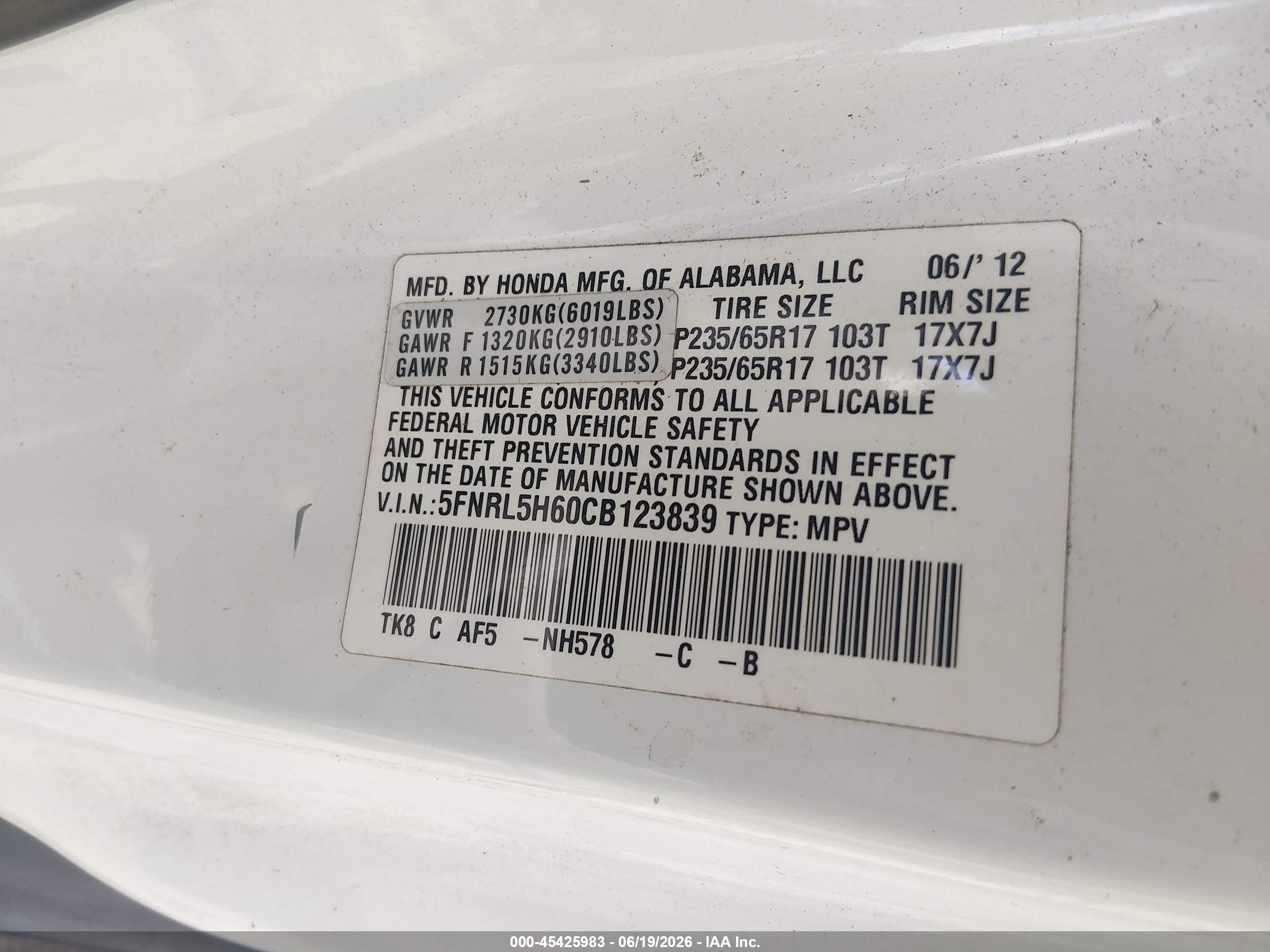 2012 Honda Odyssey Ex-l White vin: 5FNRL5H60CB123839