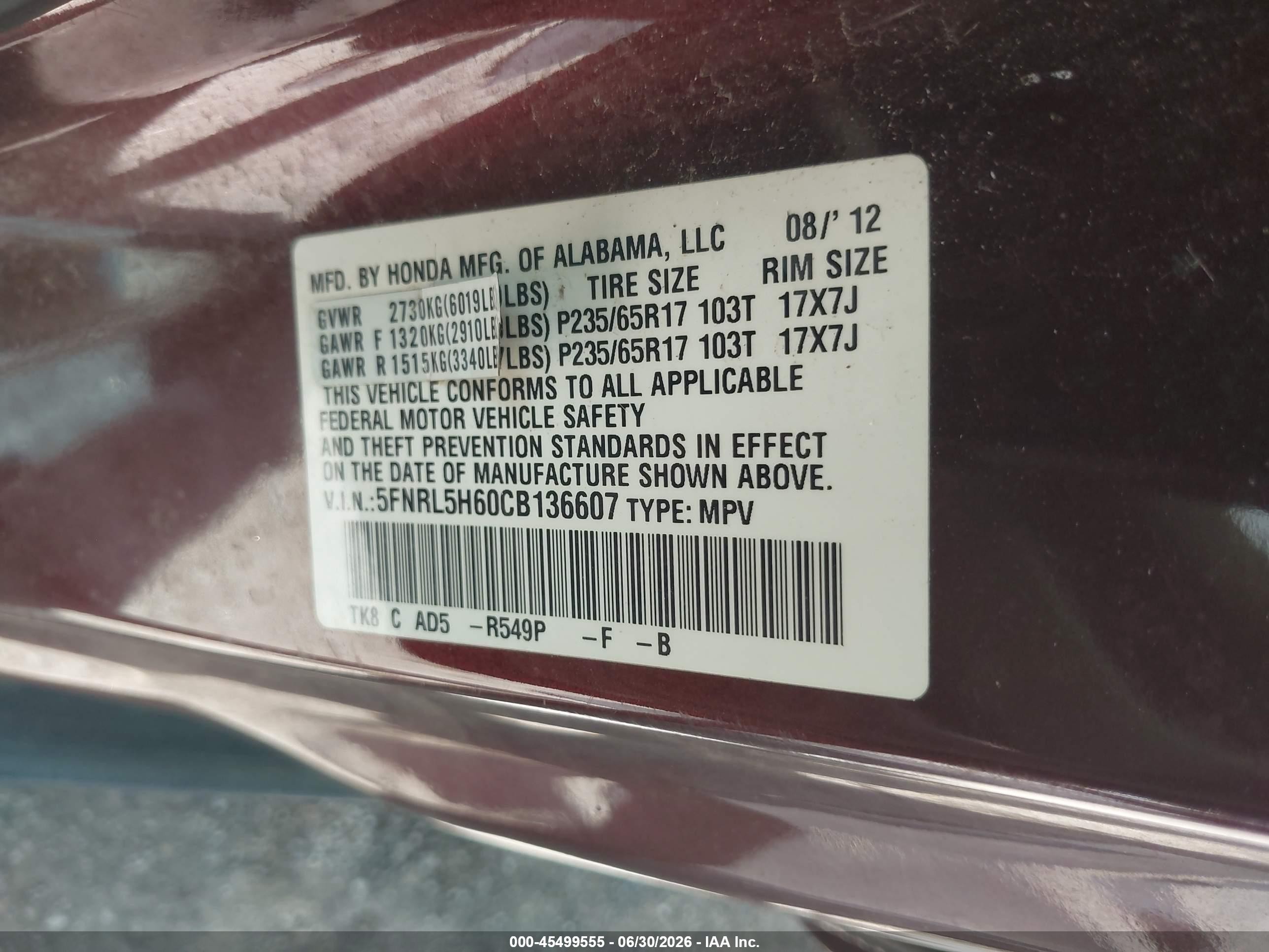 2012 Honda Odyssey Ex-l Maroon vin: 5FNRL5H60CB136607