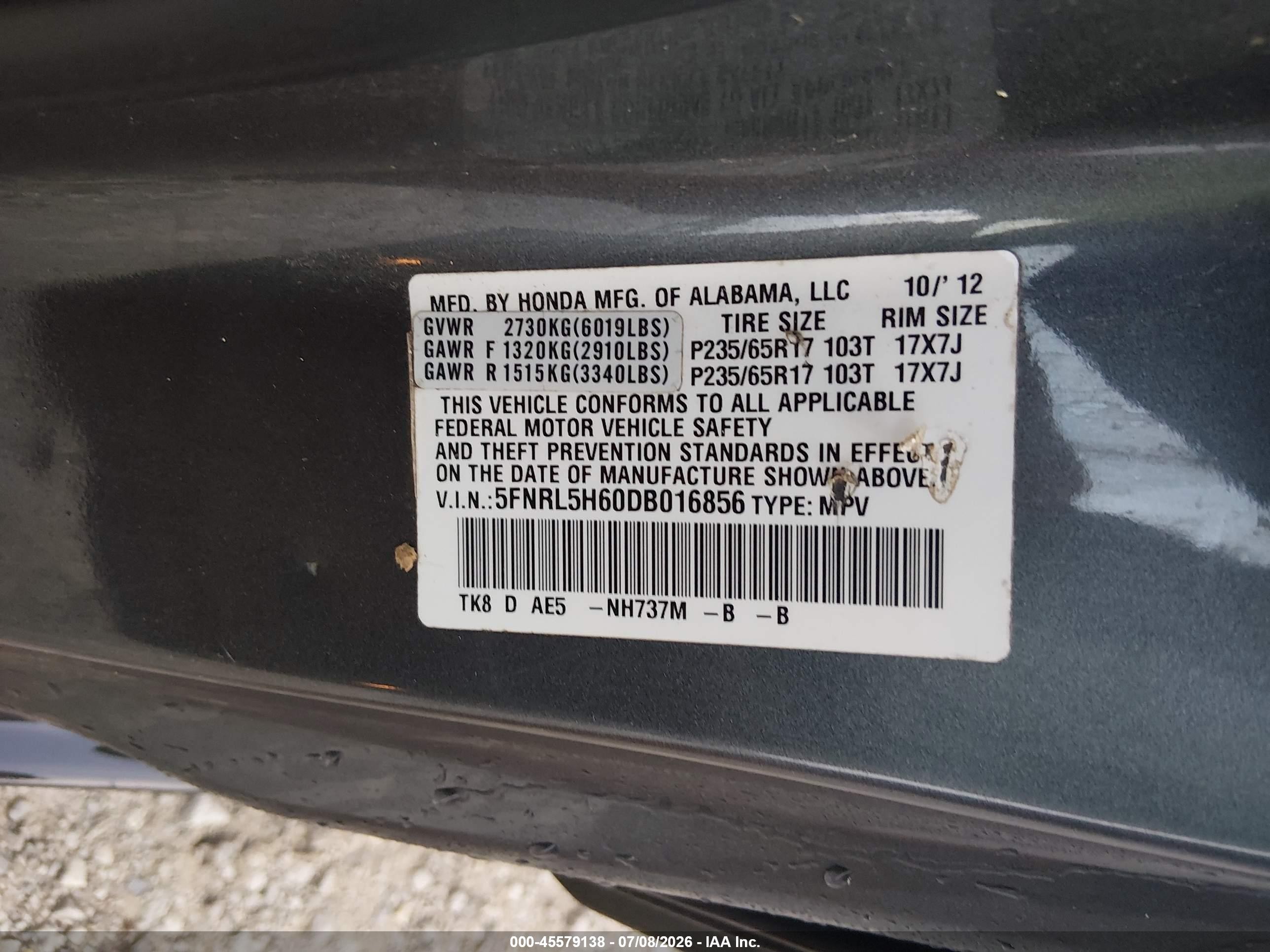 2013 Honda Odyssey Ex-l Gray vin: 5FNRL5H60DB016856