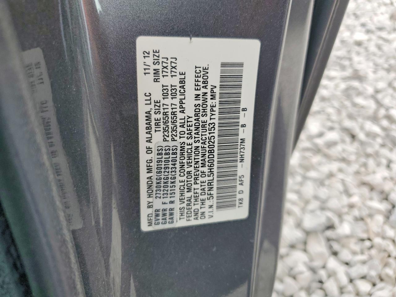 2013 Honda Odyssey Exl Gray vin: 5FNRL5H60DB025153