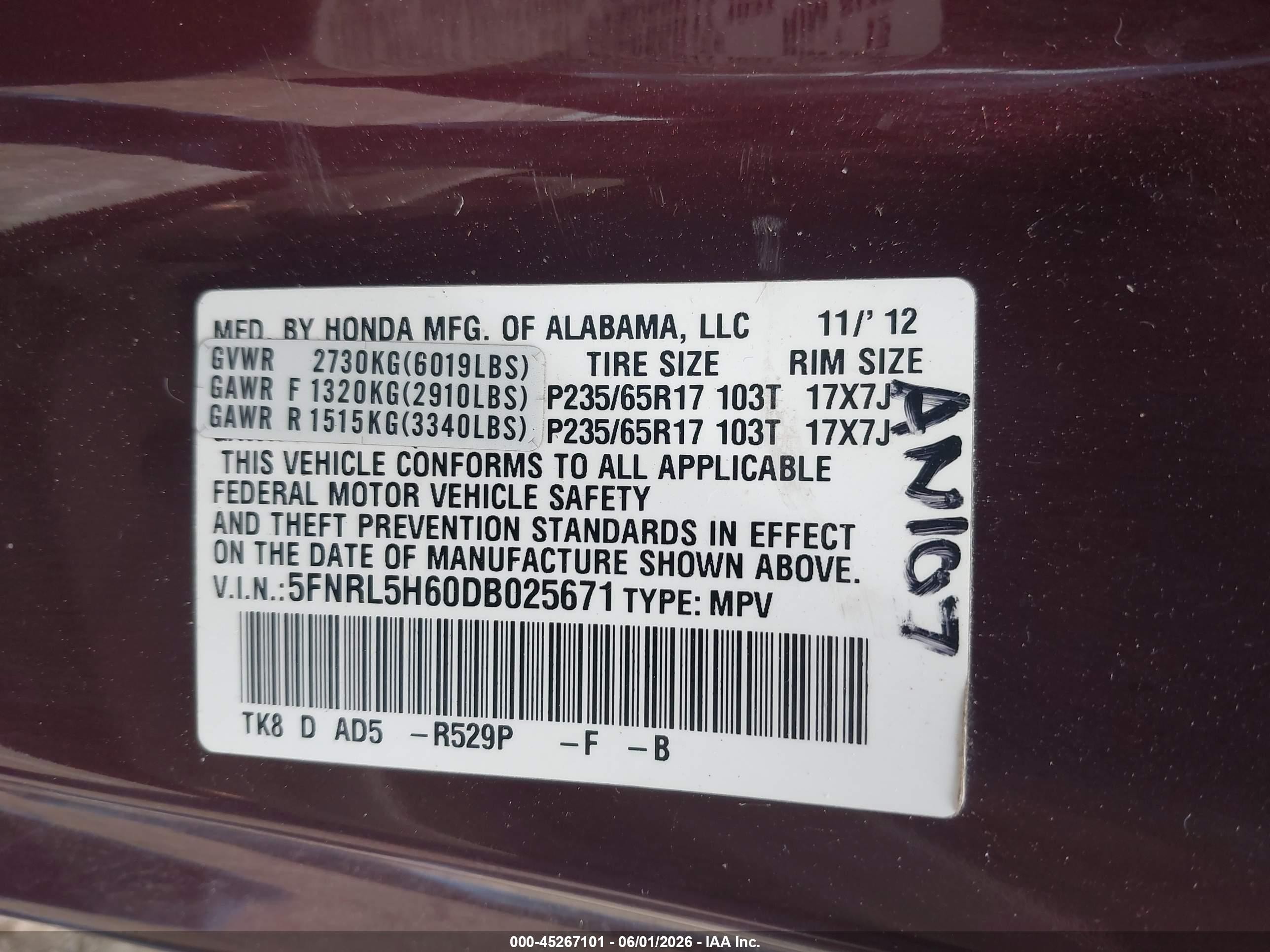 2013 Honda Odyssey Ex-l Maroon vin: 5FNRL5H60DB025671