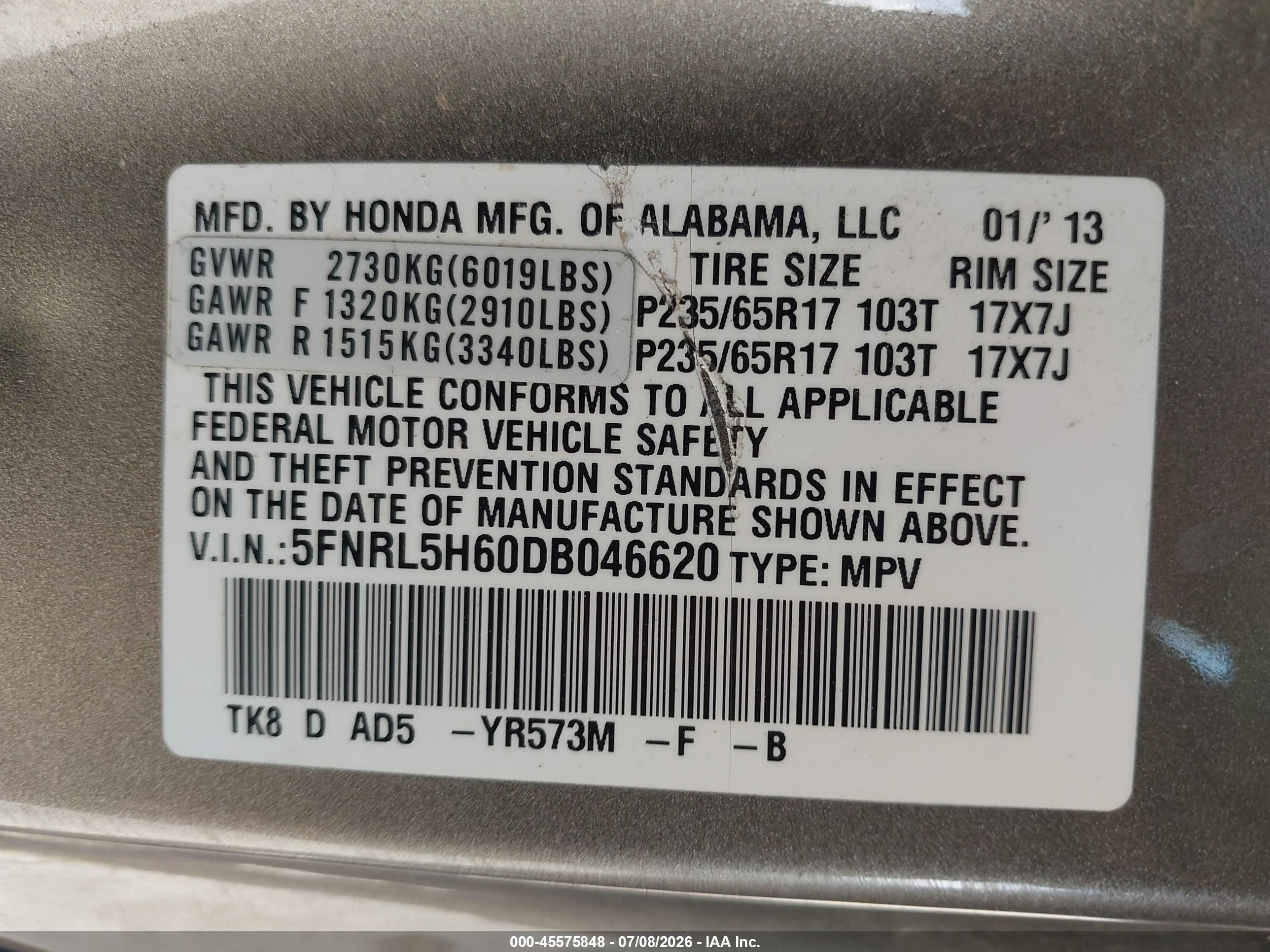 2013 Honda Odyssey Ex-l Gold vin: 5FNRL5H60DB046620
