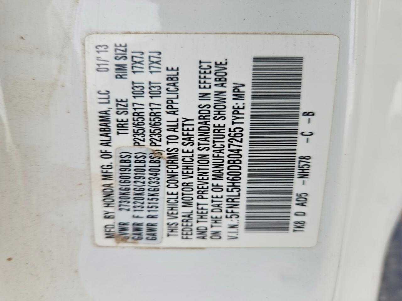 2013 Honda Odyssey Exl White vin: 5FNRL5H60DB047265