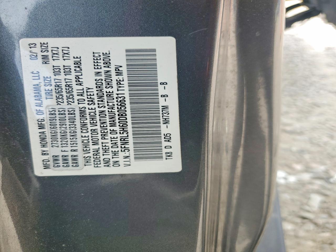 2013 Honda Odyssey Exl Серый vin: 5FNRL5H60DB056631