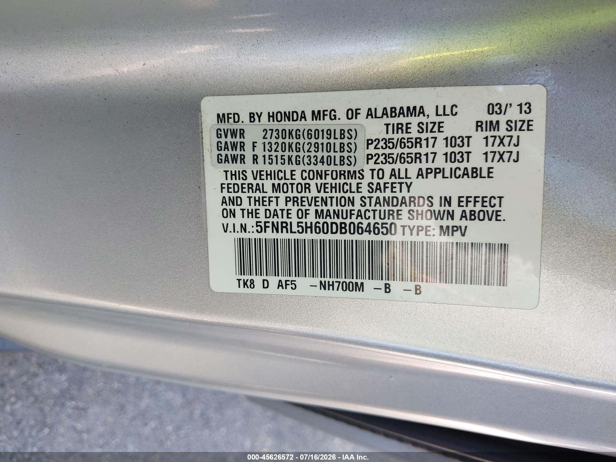 2013 Honda Odyssey Ex-l Silver vin: 5FNRL5H60DB064650