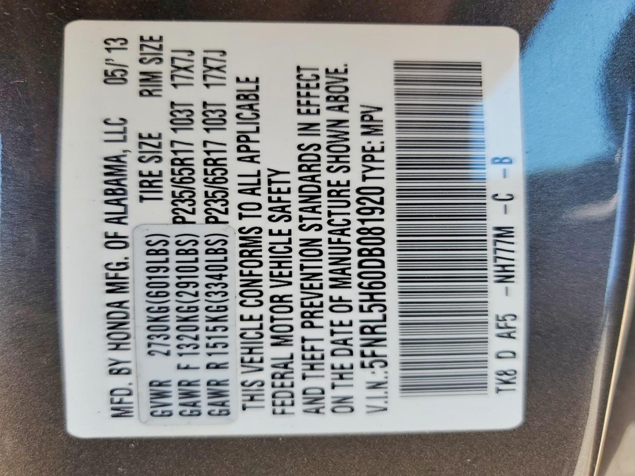 2013 Honda Odyssey Exl Gray vin: 5FNRL5H60DB081920