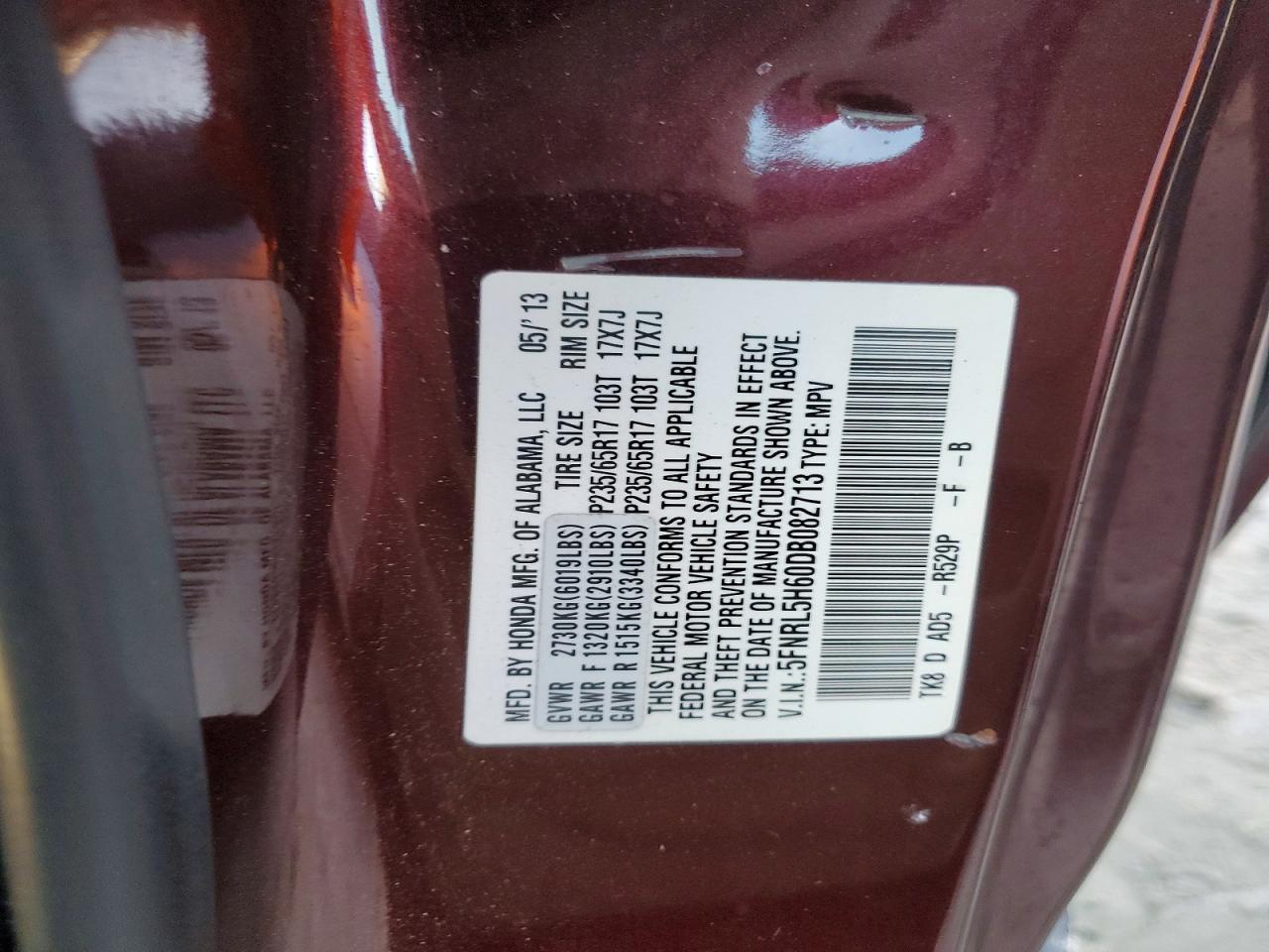 2013 Honda Oddesey Maroon vin: 5FNRL5H60DB082713