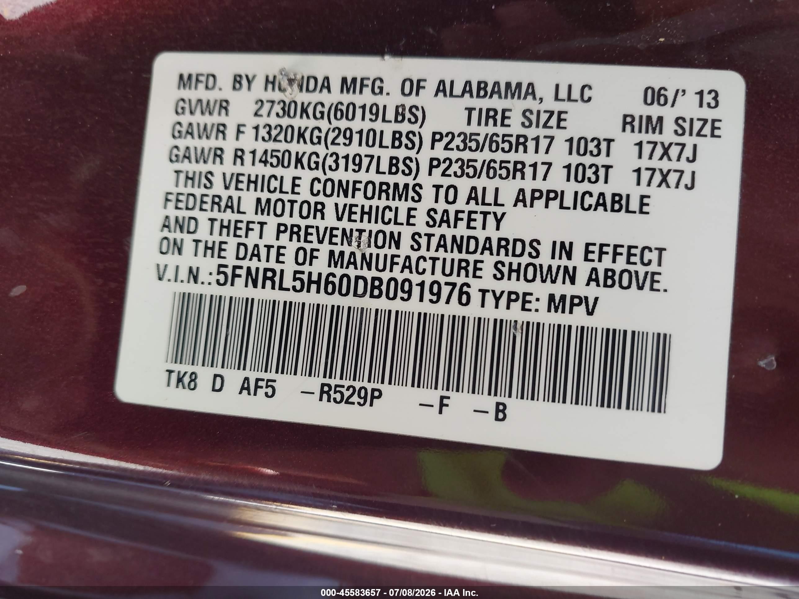 2013 Honda Odyssey Ex-l Burgundy vin: 5FNRL5H60DB091976