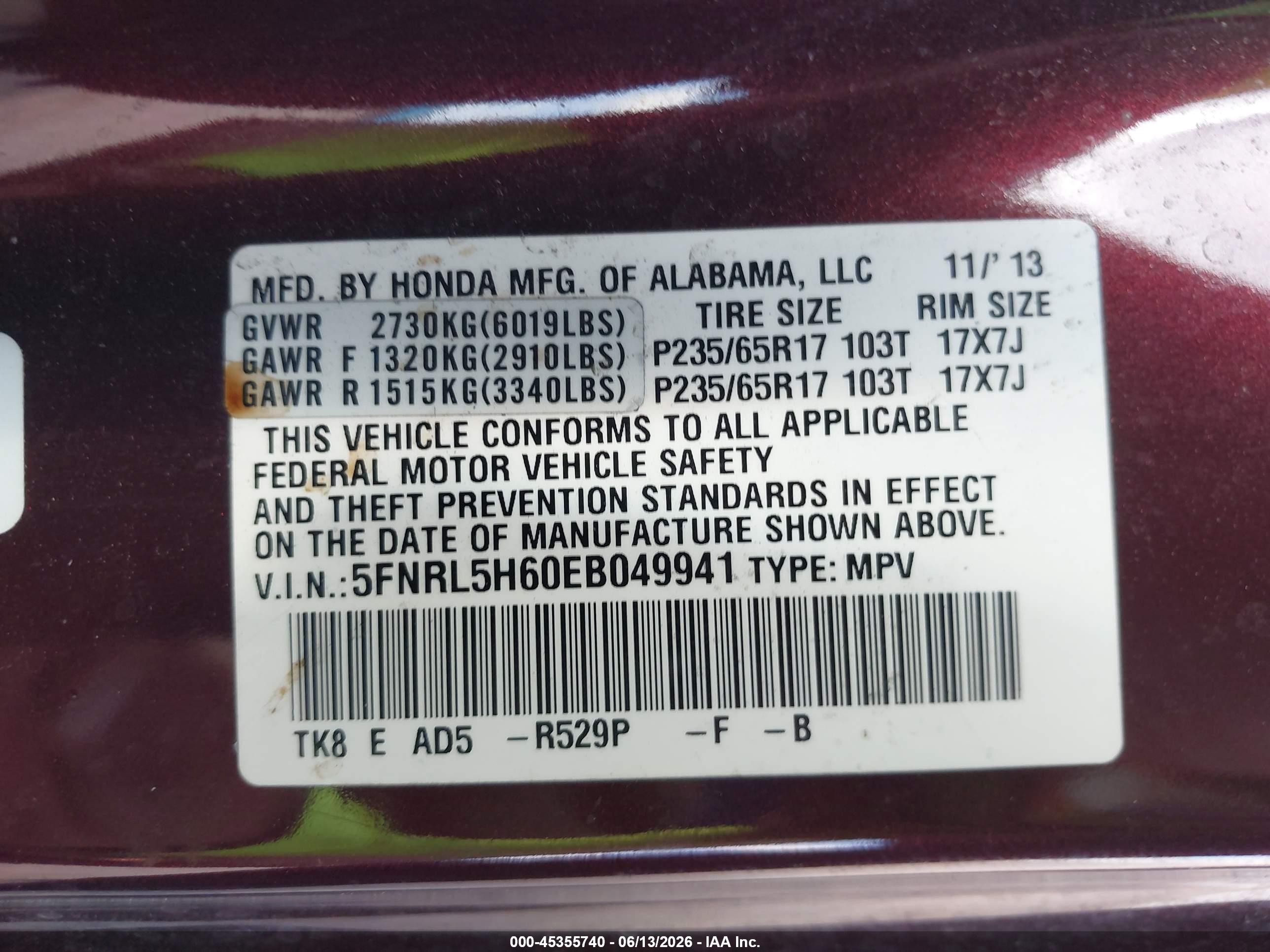 2014 Honda Odyssey Ex-l Purple vin: 5FNRL5H60EB049941