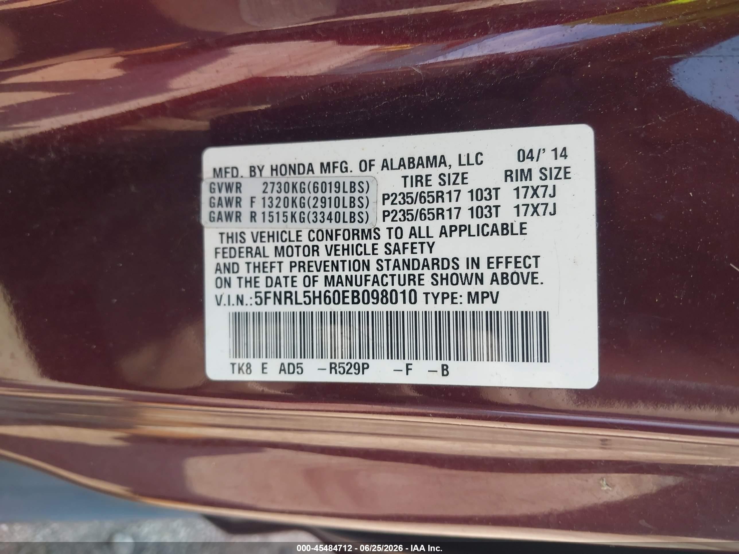 2014 Honda Odyssey Ex-l Burgundy vin: 5FNRL5H60EB098010