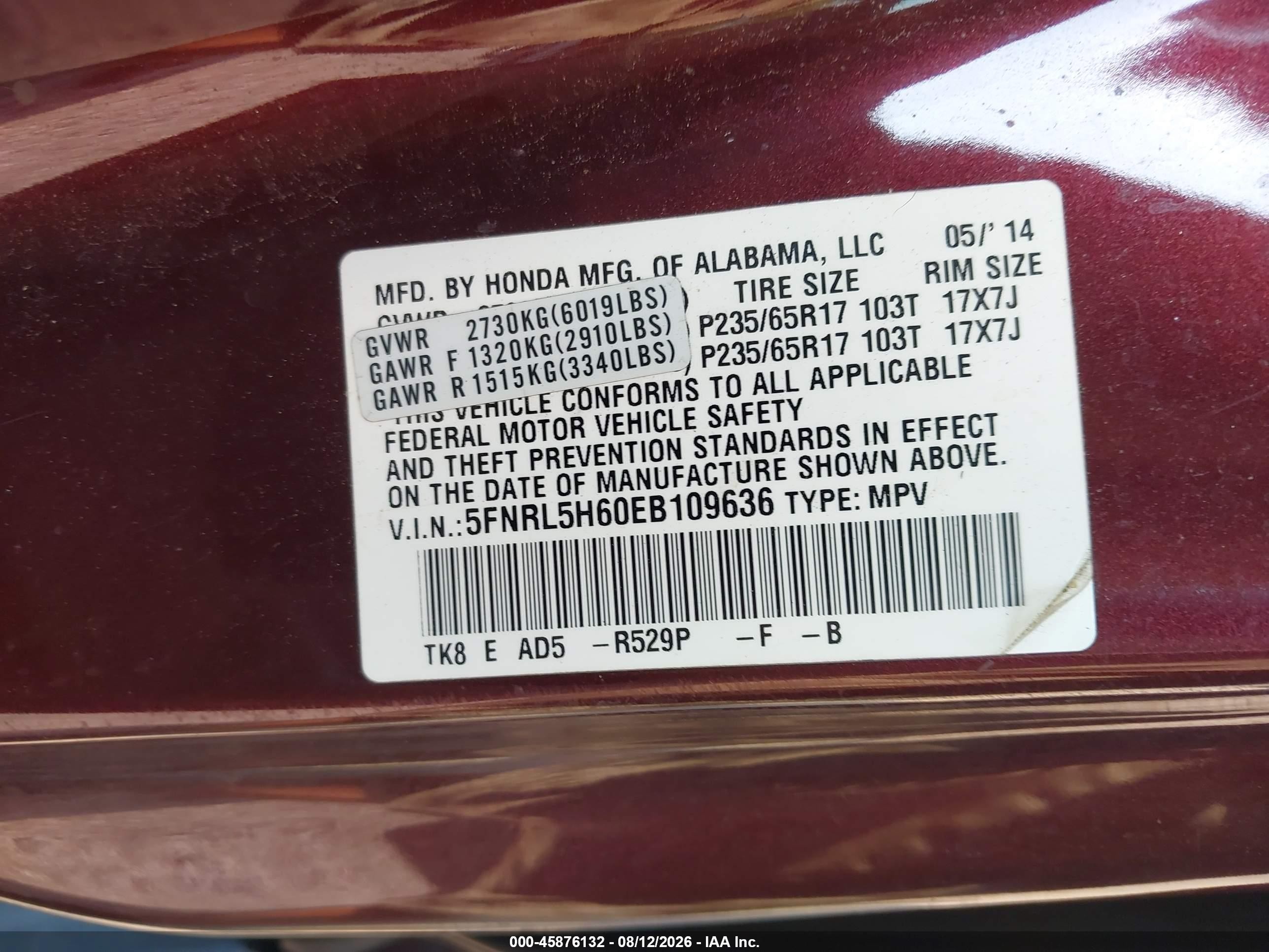 2014 Honda Odyssey Ex-l Red vin: 5FNRL5H60EB109636
