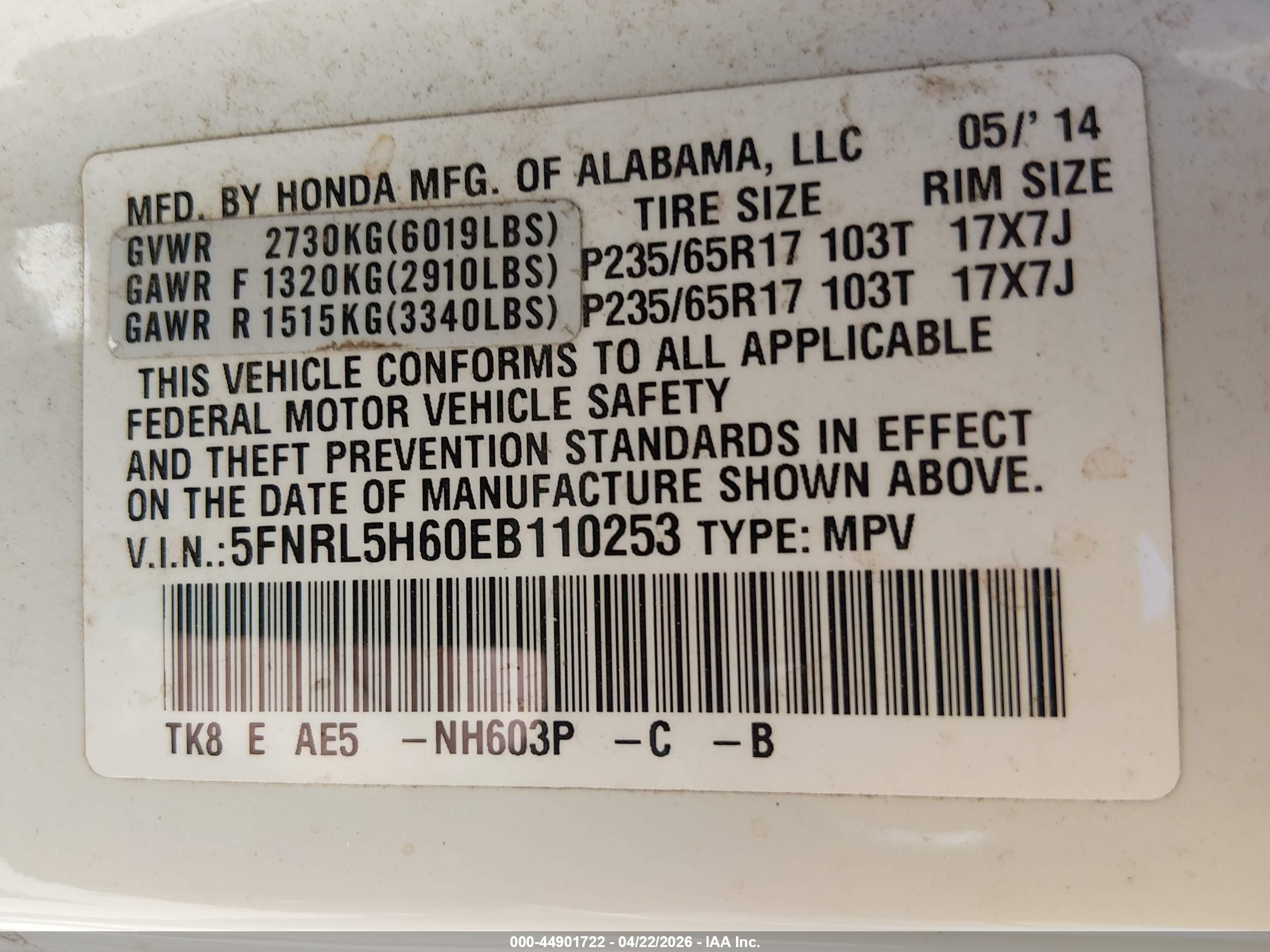2014 Honda Odyssey Ex-l White vin: 5FNRL5H60EB110253