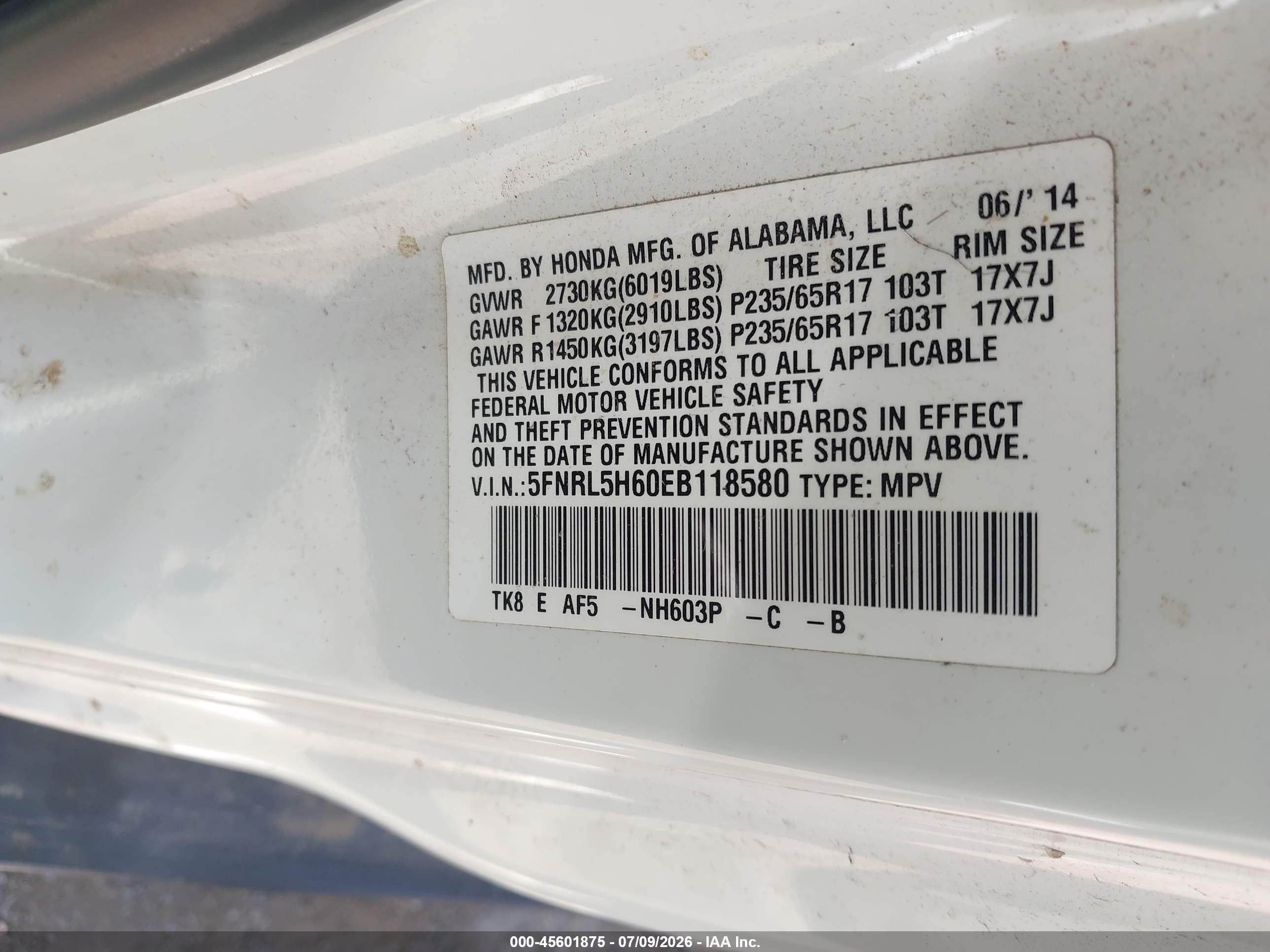 2014 Honda Odyssey Ex-l White vin: 5FNRL5H60EB118580
