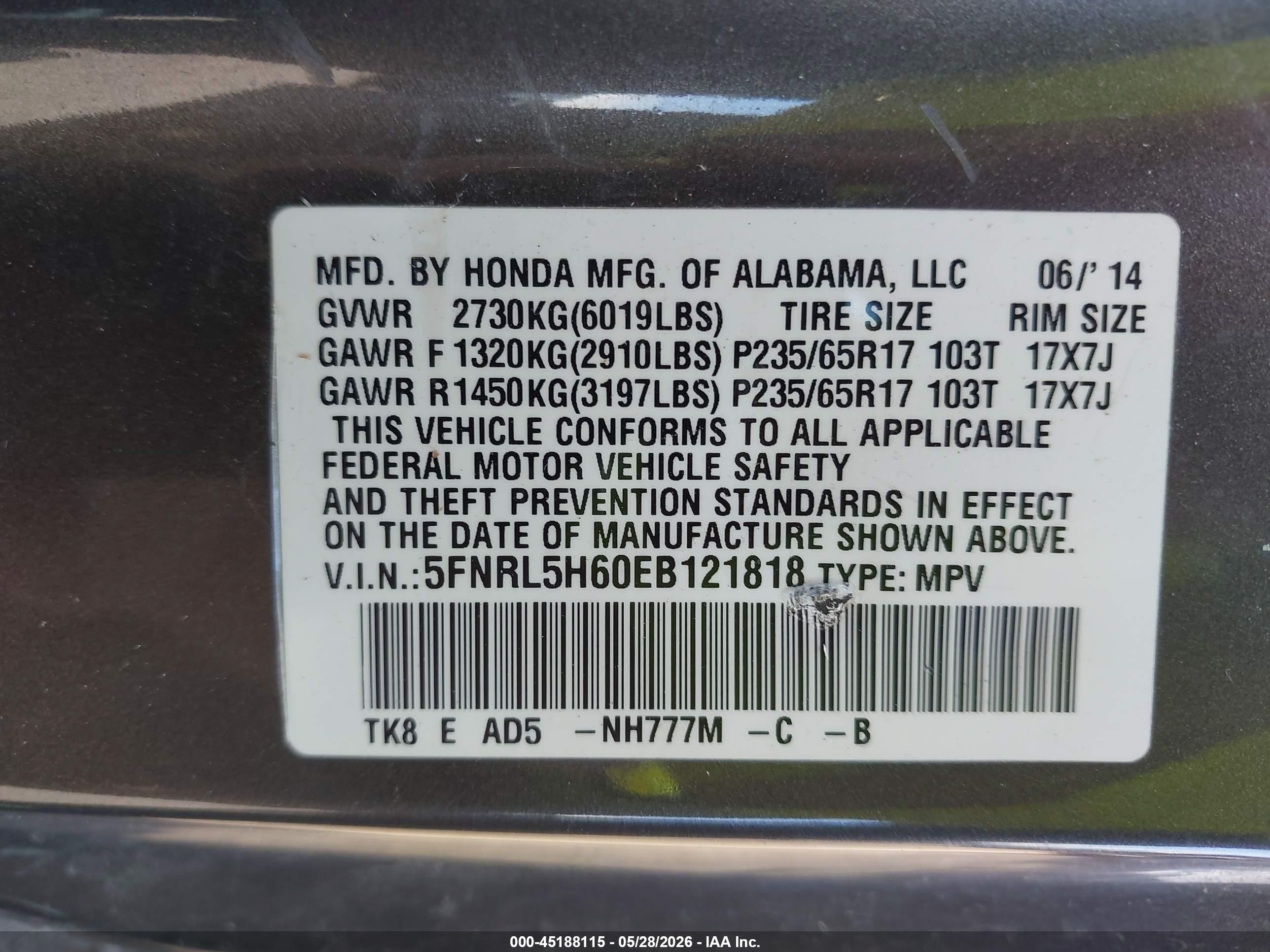 2014 Honda Odyssey Ex-l Gray vin: 5FNRL5H60EB121818