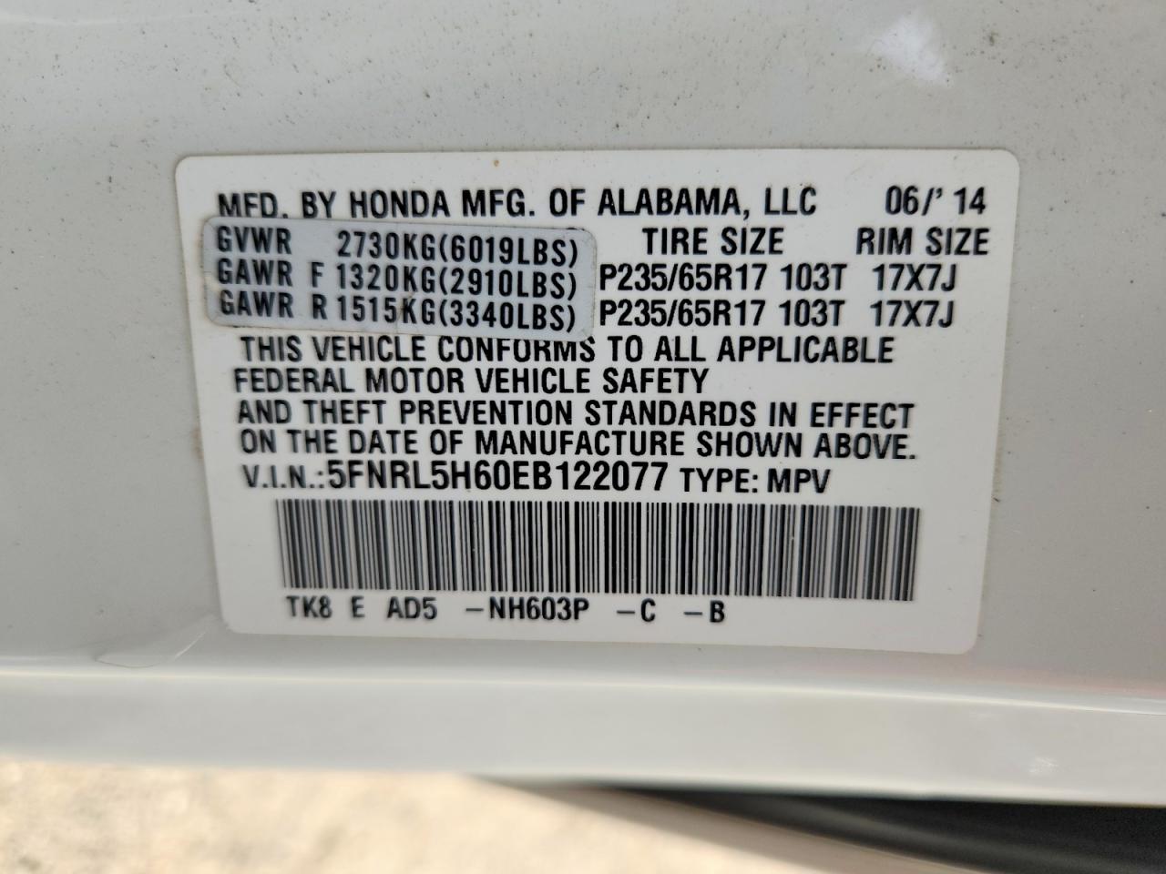 2014 Honda Odyssey Exl White vin: 5FNRL5H60EB122077