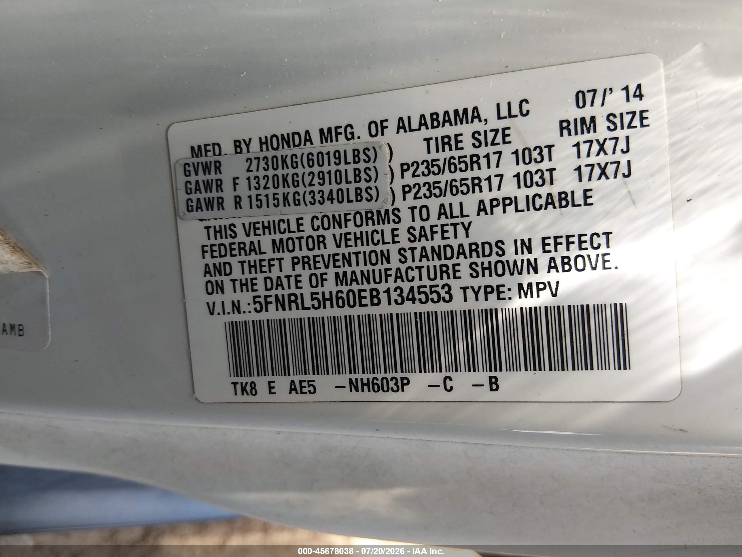 2014 Honda Odyssey Ex-l White vin: 5FNRL5H60EB134553
