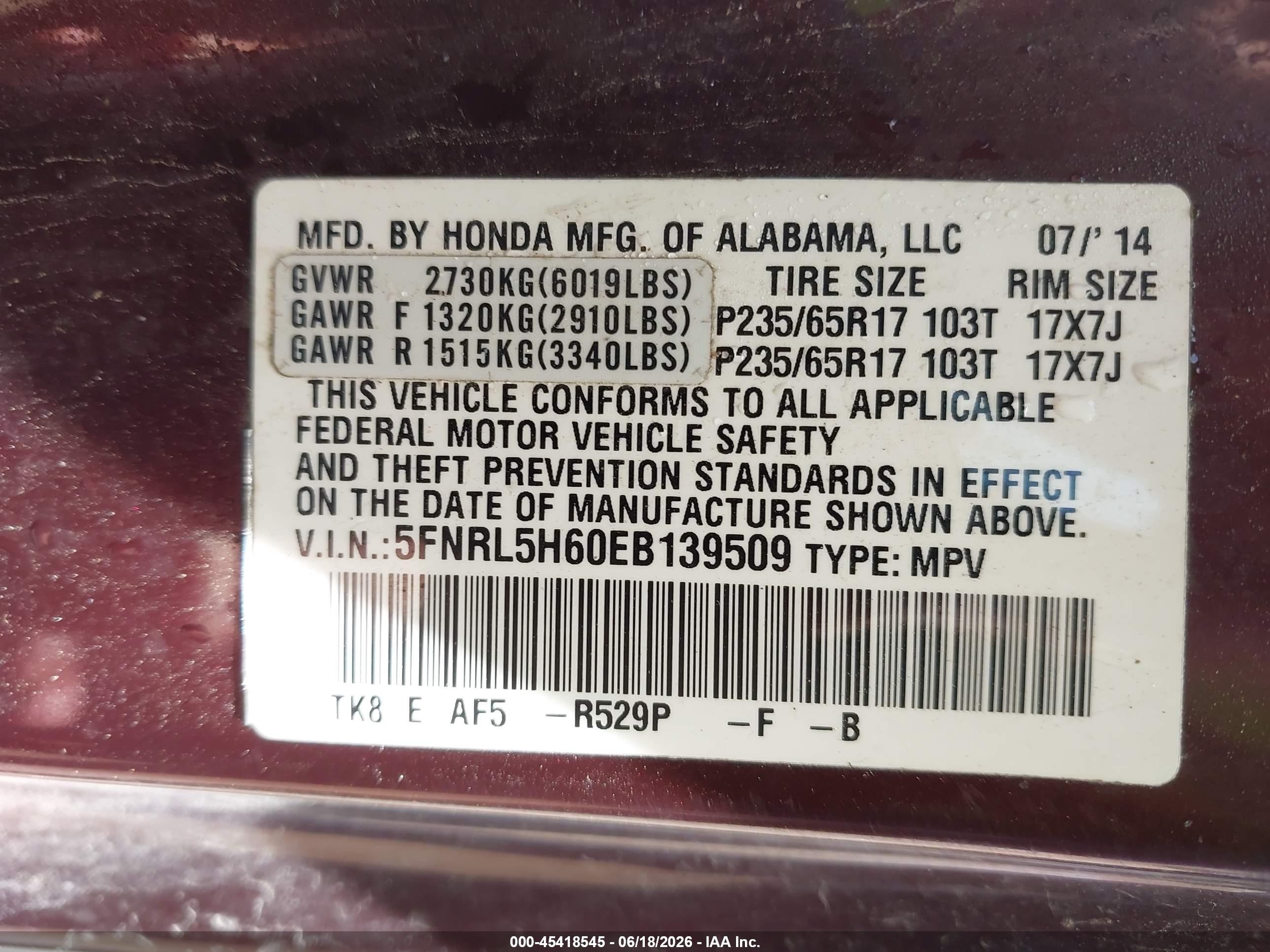 2014 Honda Odyssey Ex-l Maroon vin: 5FNRL5H60EB139509