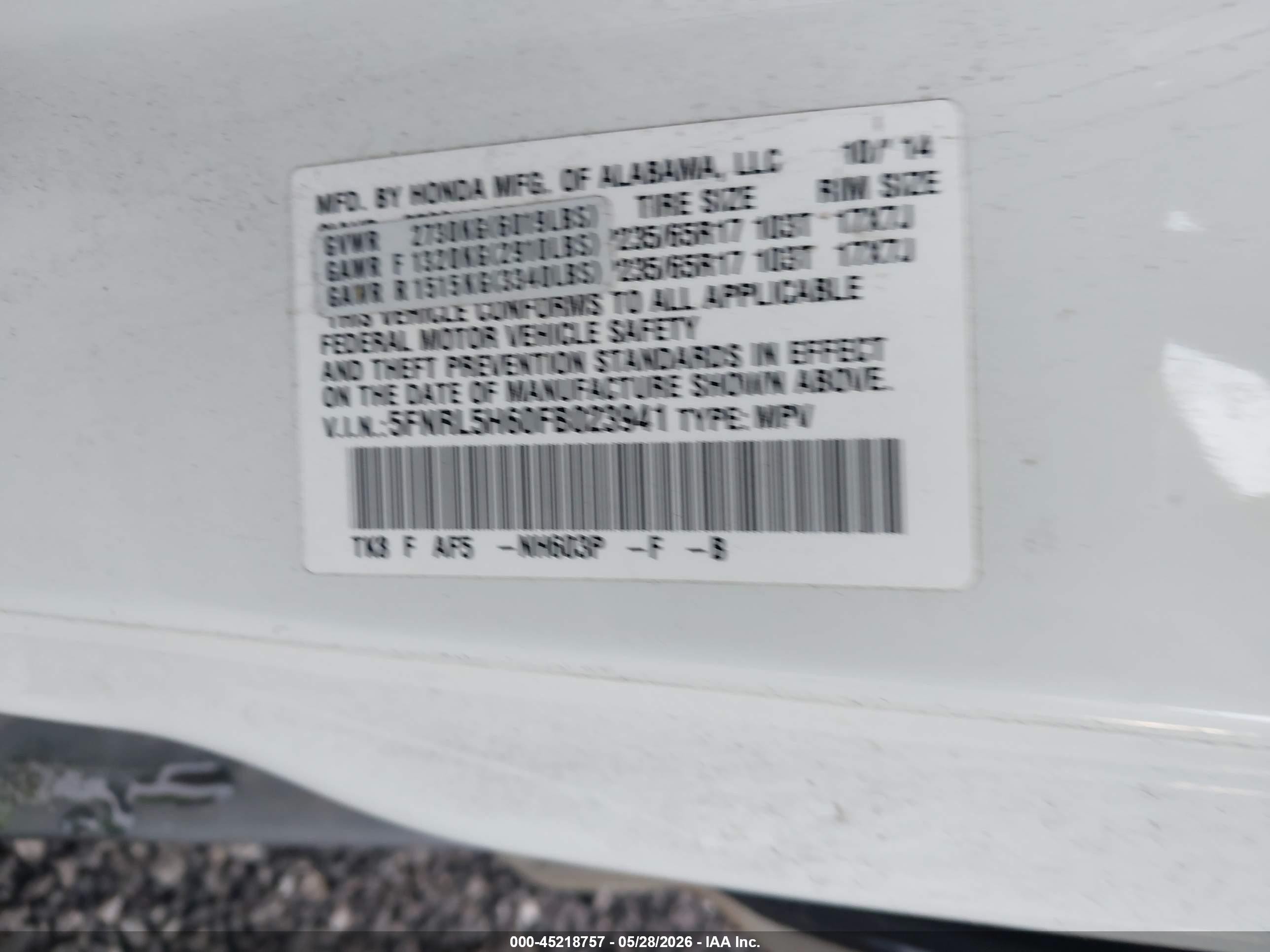 2015 Honda Odyssey Ex-l White vin: 5FNRL5H60FB023941