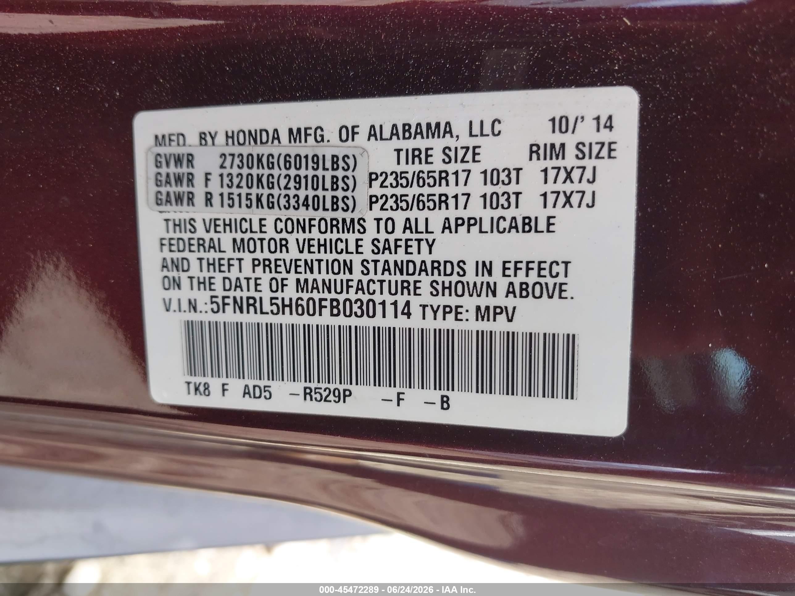 2015 Honda Odyssey Ex-l Maroon vin: 5FNRL5H60FB030114
