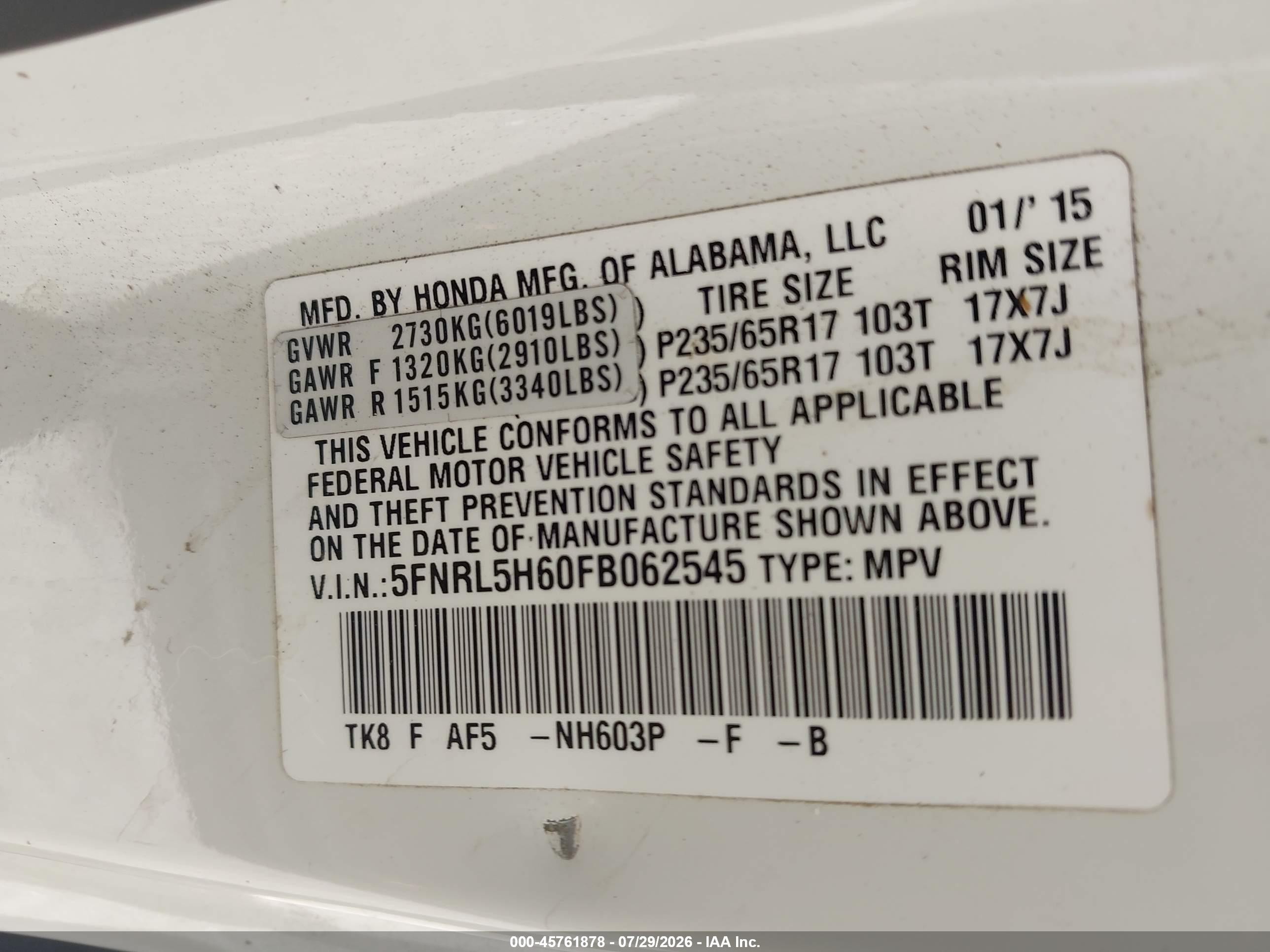2015 Honda Odyssey Ex-l White vin: 5FNRL5H60FB062545
