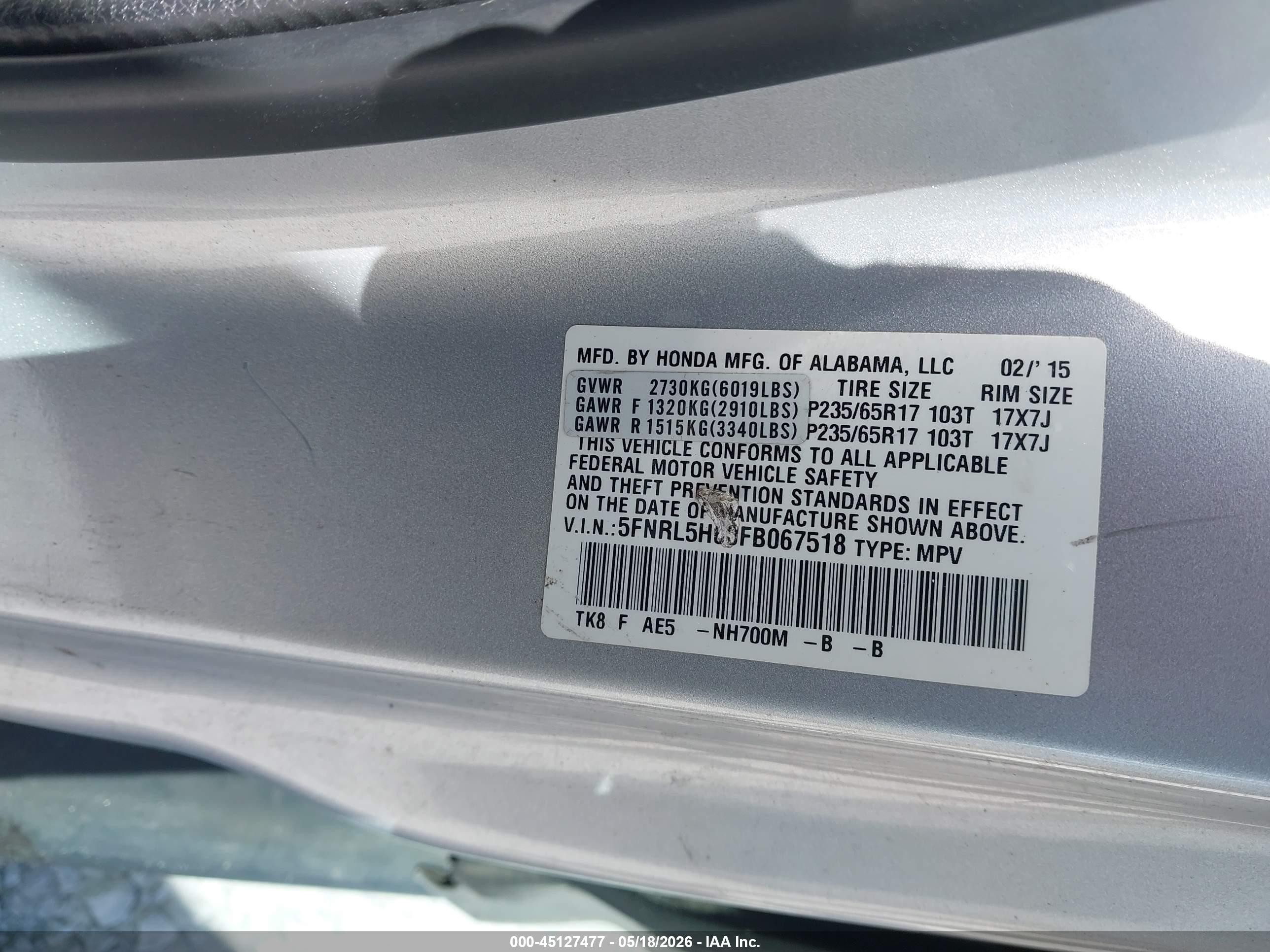 2015 Honda Odyssey Ex-l Silver vin: 5FNRL5H60FB067518