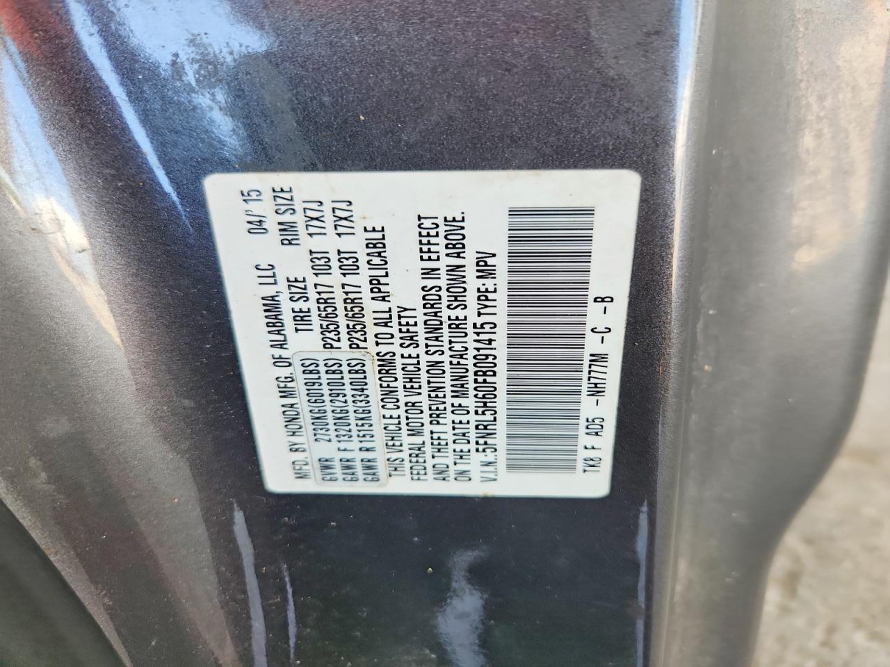 2015 Honda Odyssey Exl Gray vin: 5FNRL5H60FB091415