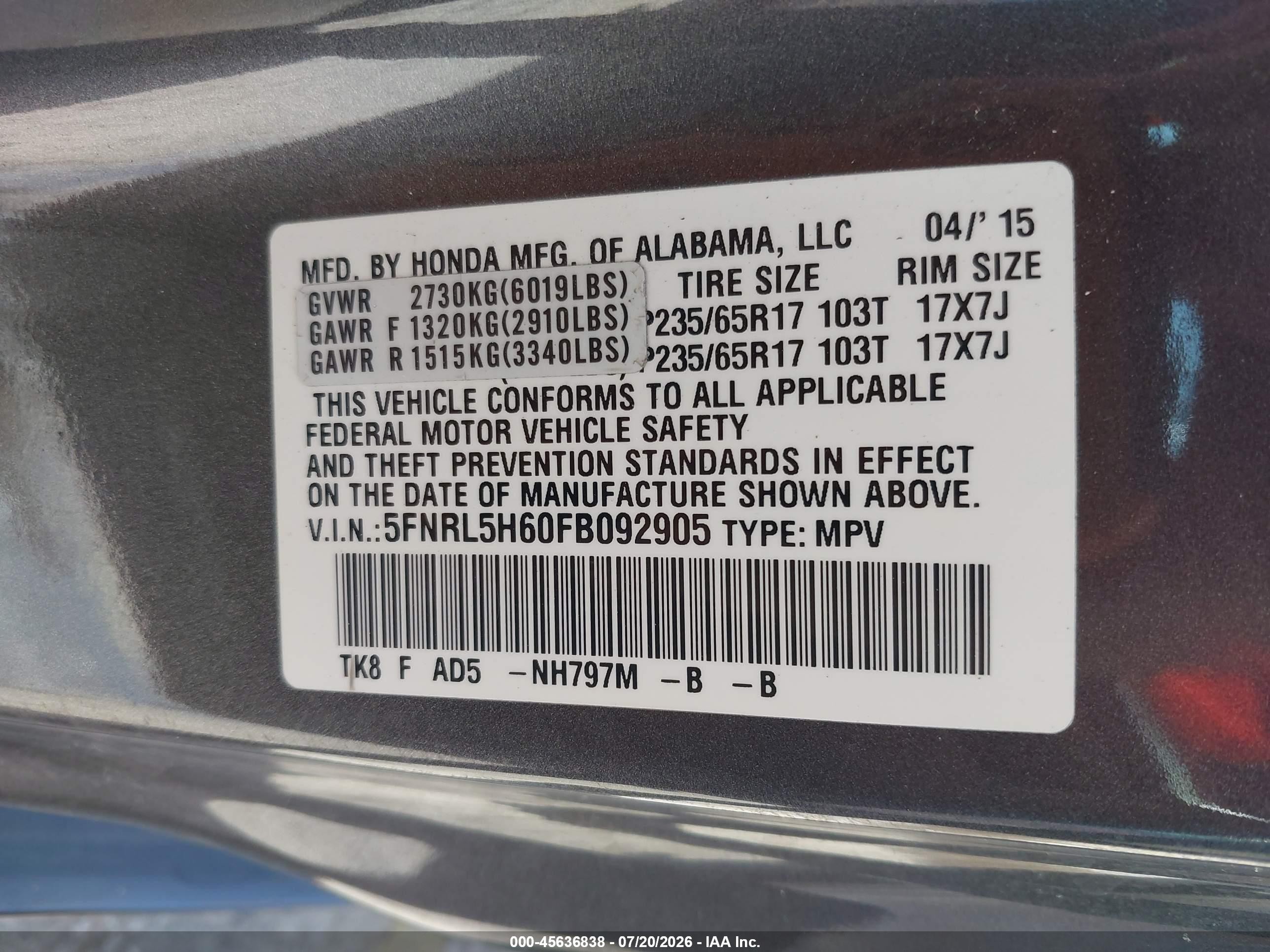 2015 Honda Odyssey Ex-l Gray vin: 5FNRL5H60FB092905