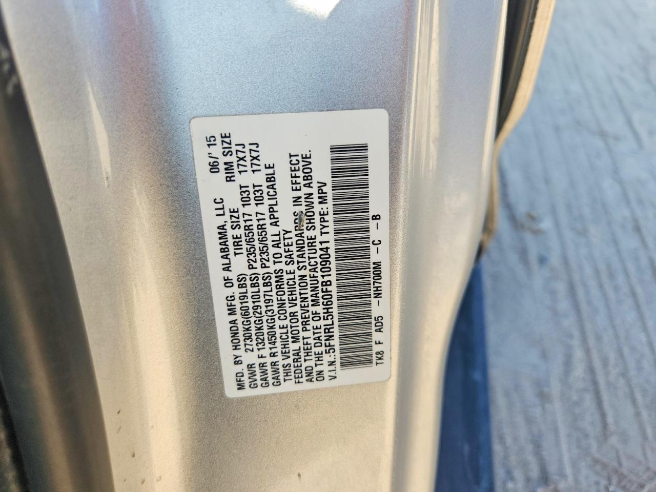 2015 Honda Odyssey Exl Silver vin: 5FNRL5H60FB109041