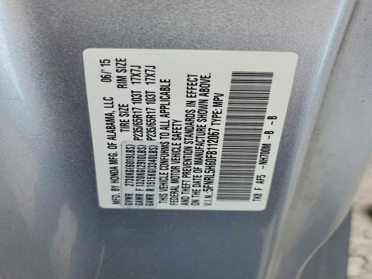 2015 Honda Odyssey Exl Silver vin: 5FNRL5H60FB112067