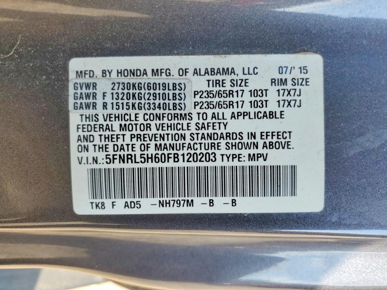 2015 Honda Odyssey Exl Gray vin: 5FNRL5H60FB120203