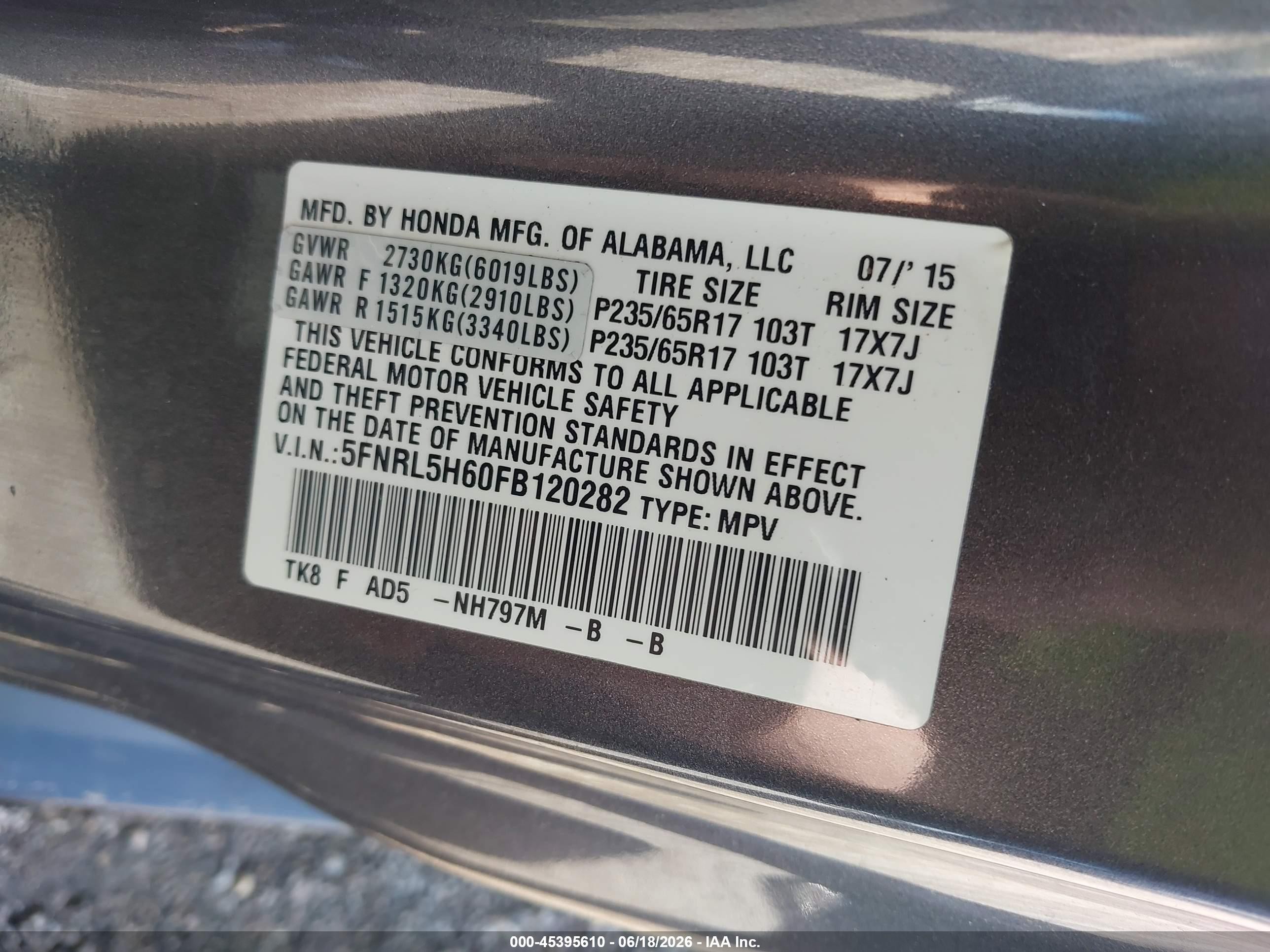 2015 Honda Odyssey Ex-l Gray vin: 5FNRL5H60FB120282