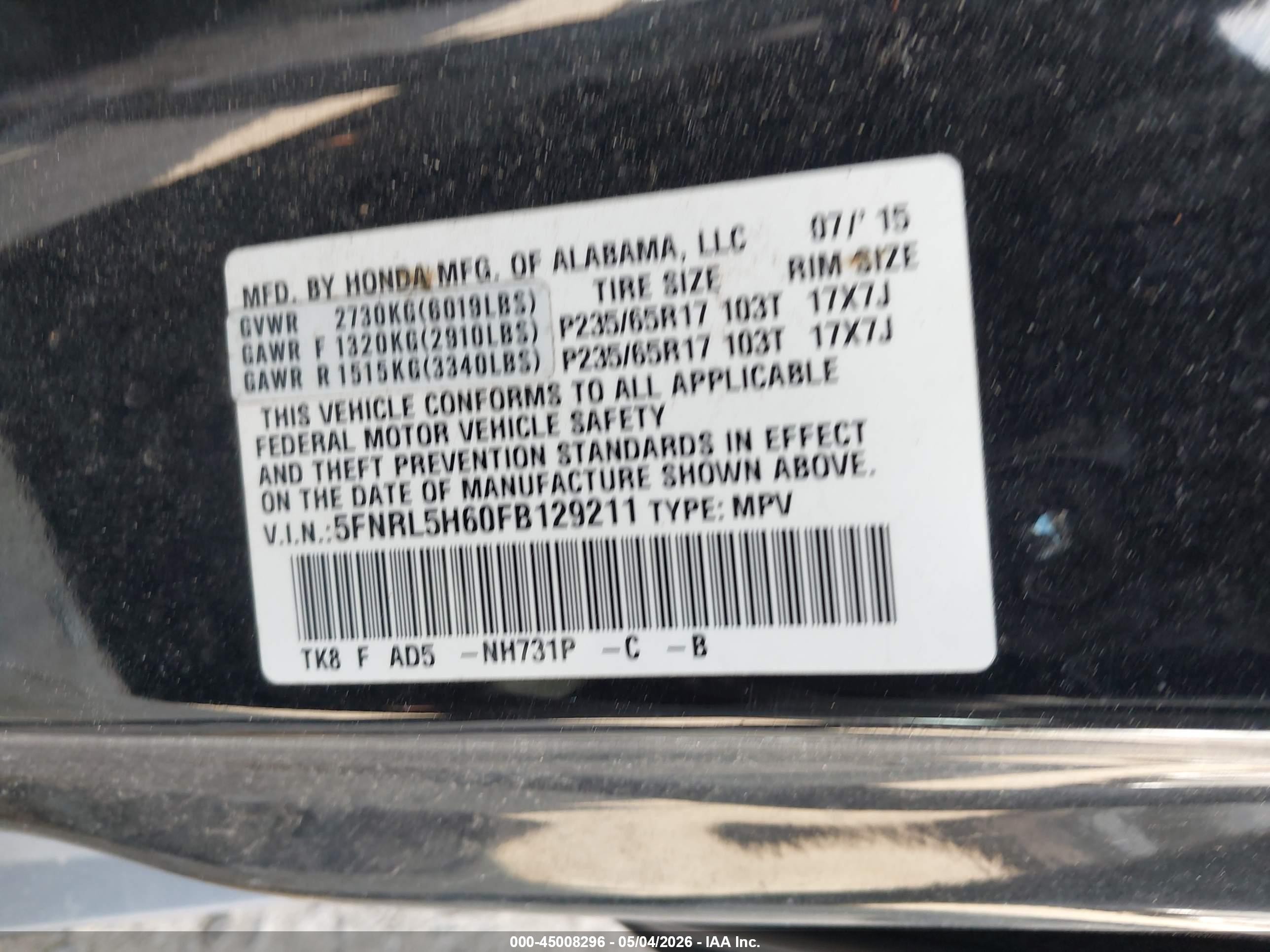 2015 Honda Odyssey Ex-l Black vin: 5FNRL5H60FB129211
