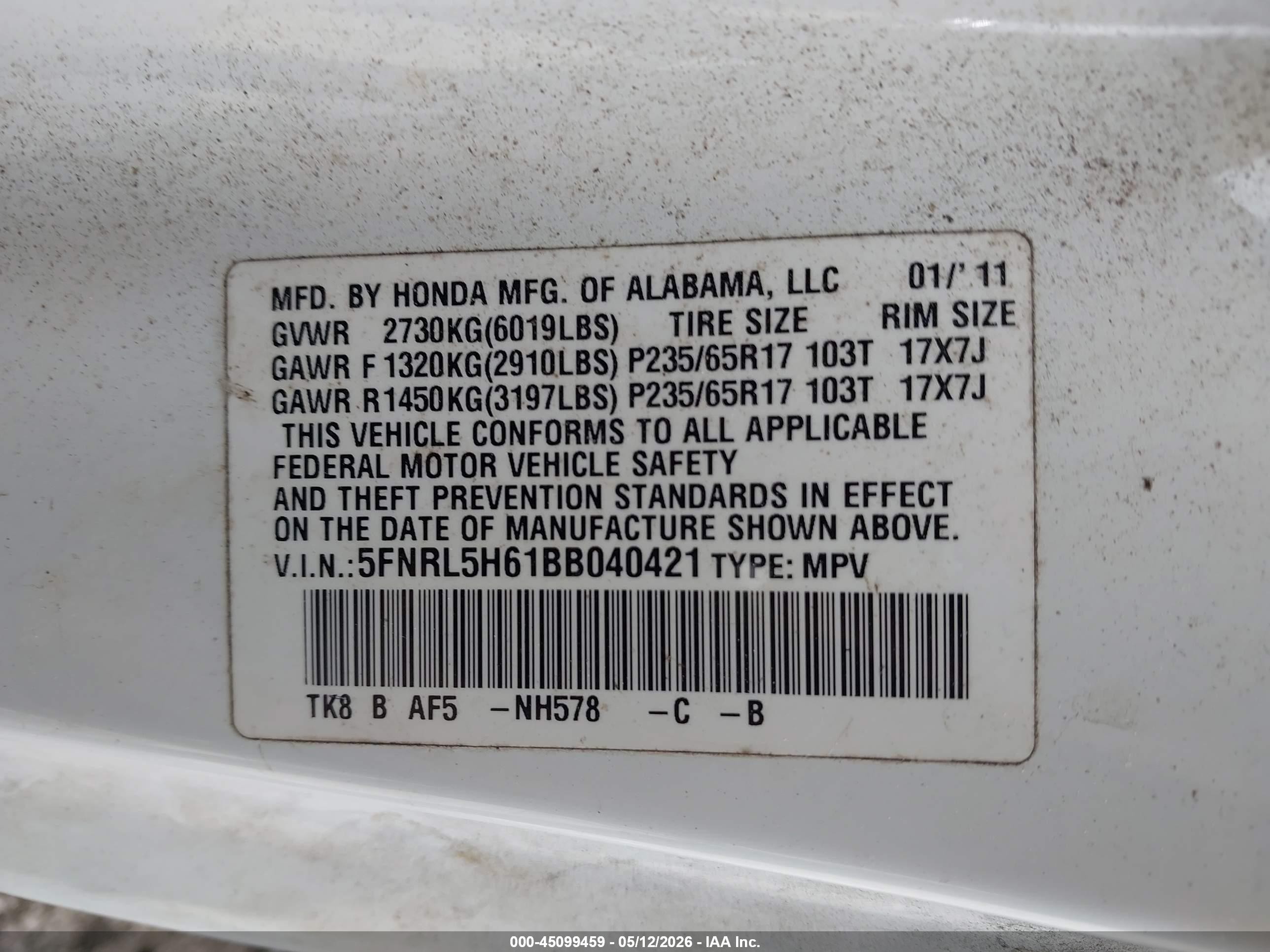2011 Honda Odyssey Ex-l White vin: 5FNRL5H61BB040421