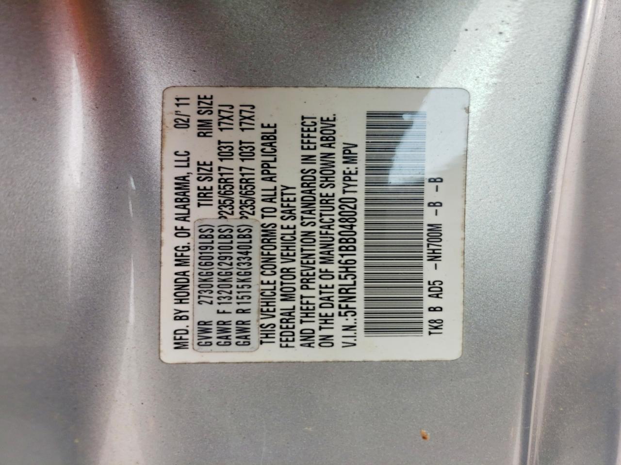 2011 Honda Odyssey Exl Silver vin: 5FNRL5H61BB048020