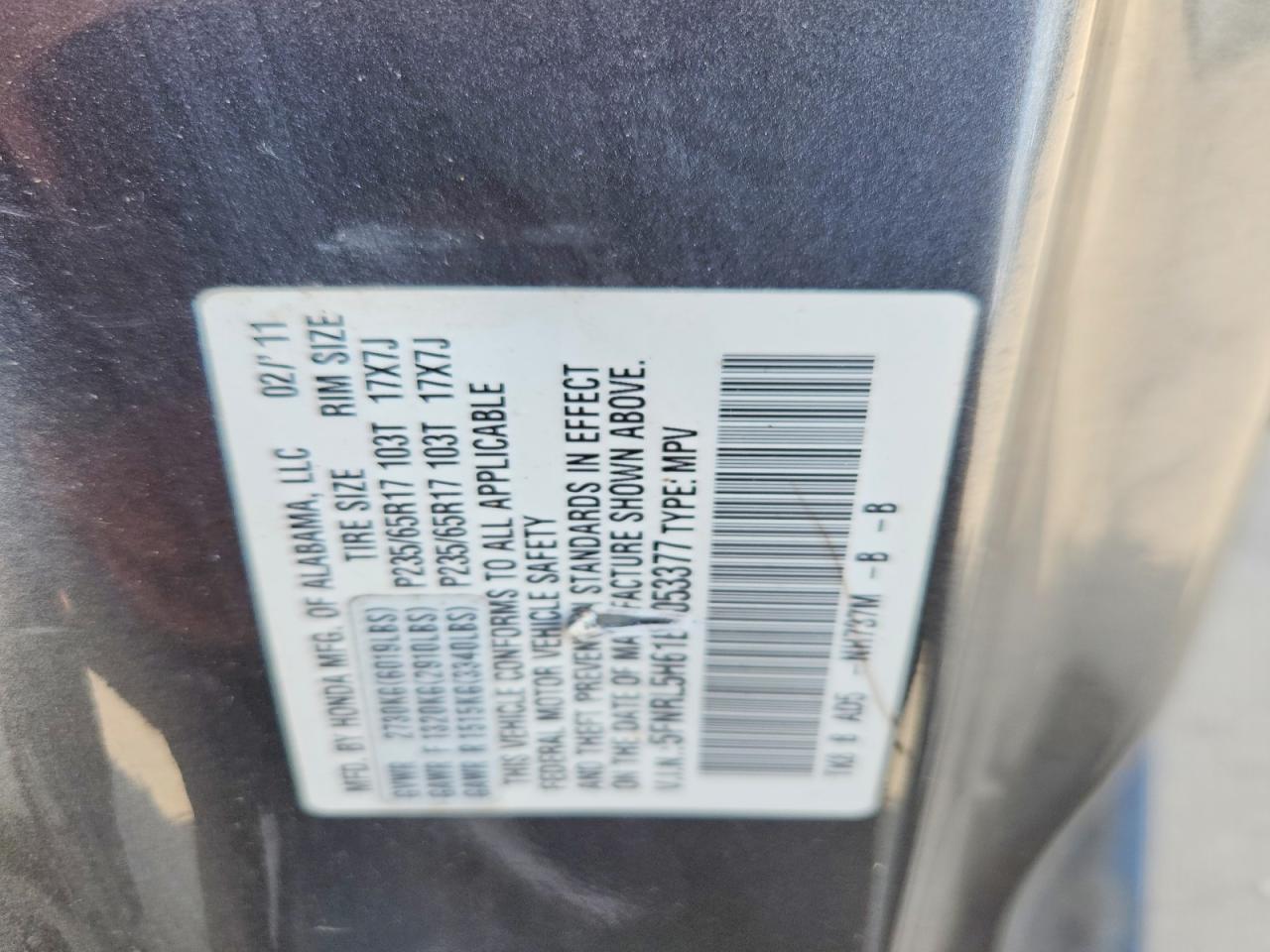 2011 Honda Odyssey Exl Gray vin: 5FNRL5H61BB053377