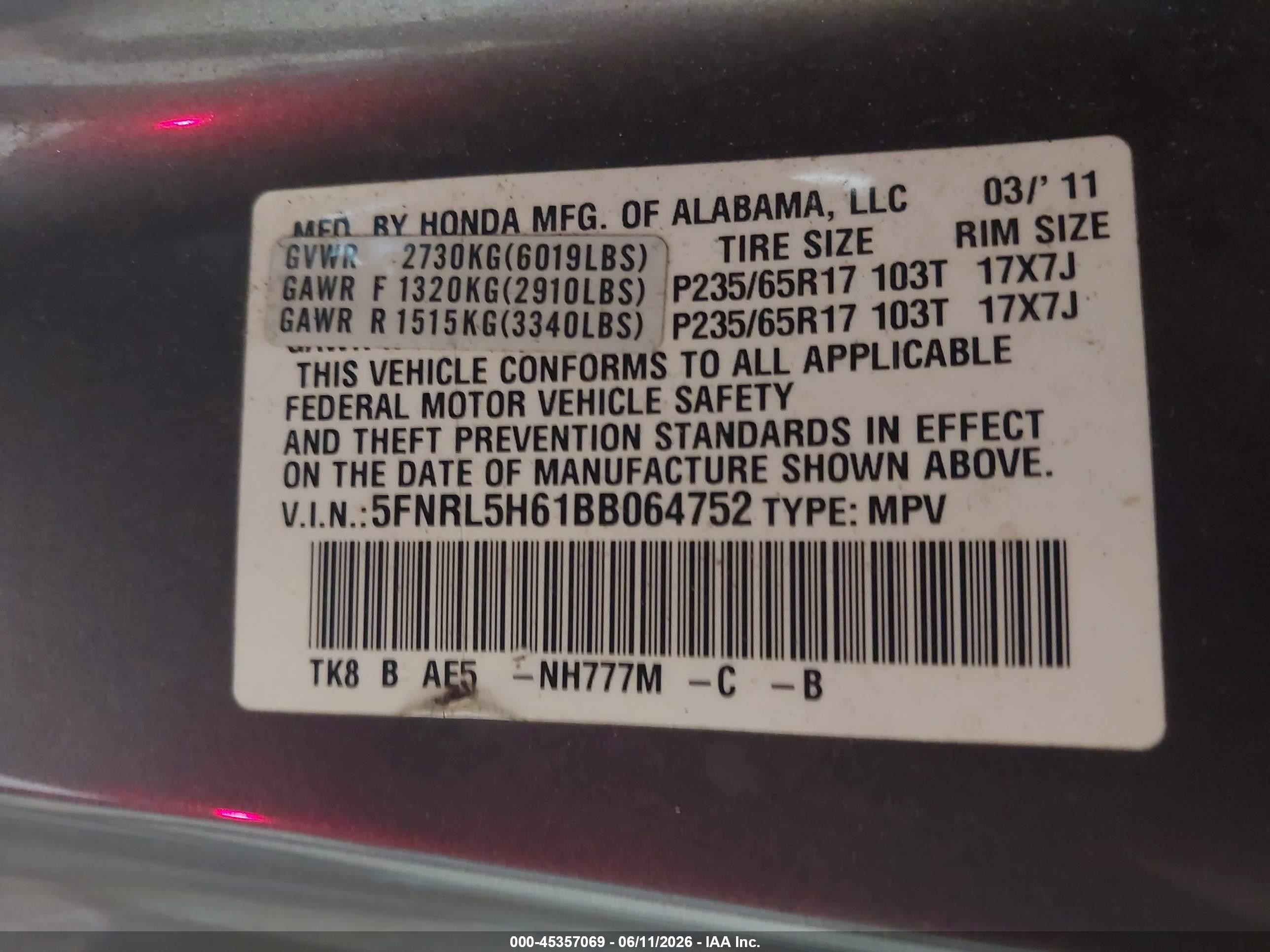 2011 Honda Odyssey Ex-l Серый vin: 5FNRL5H61BB064752