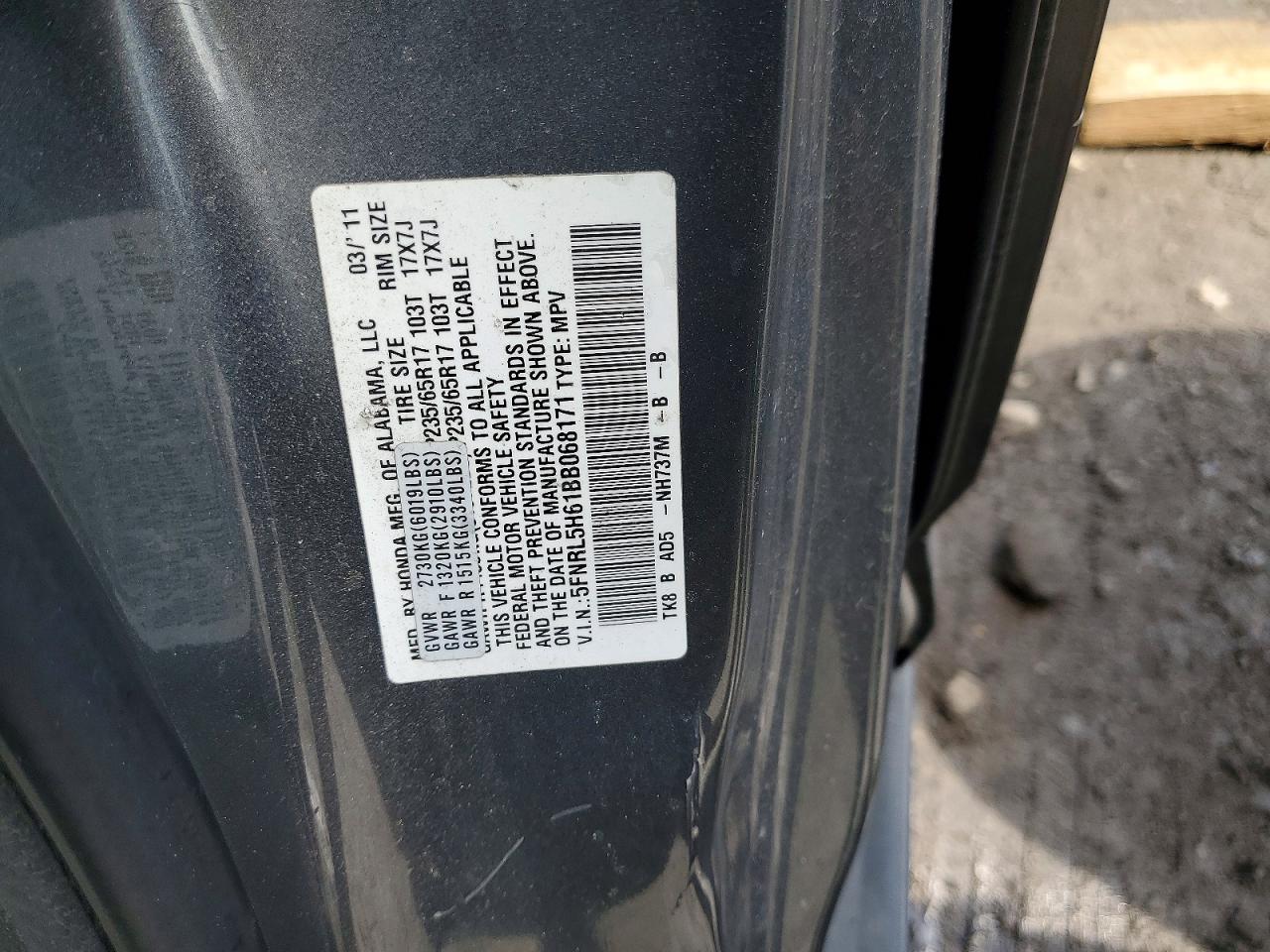 2011 Honda Odyssey Exl Gray vin: 5FNRL5H61BB068171