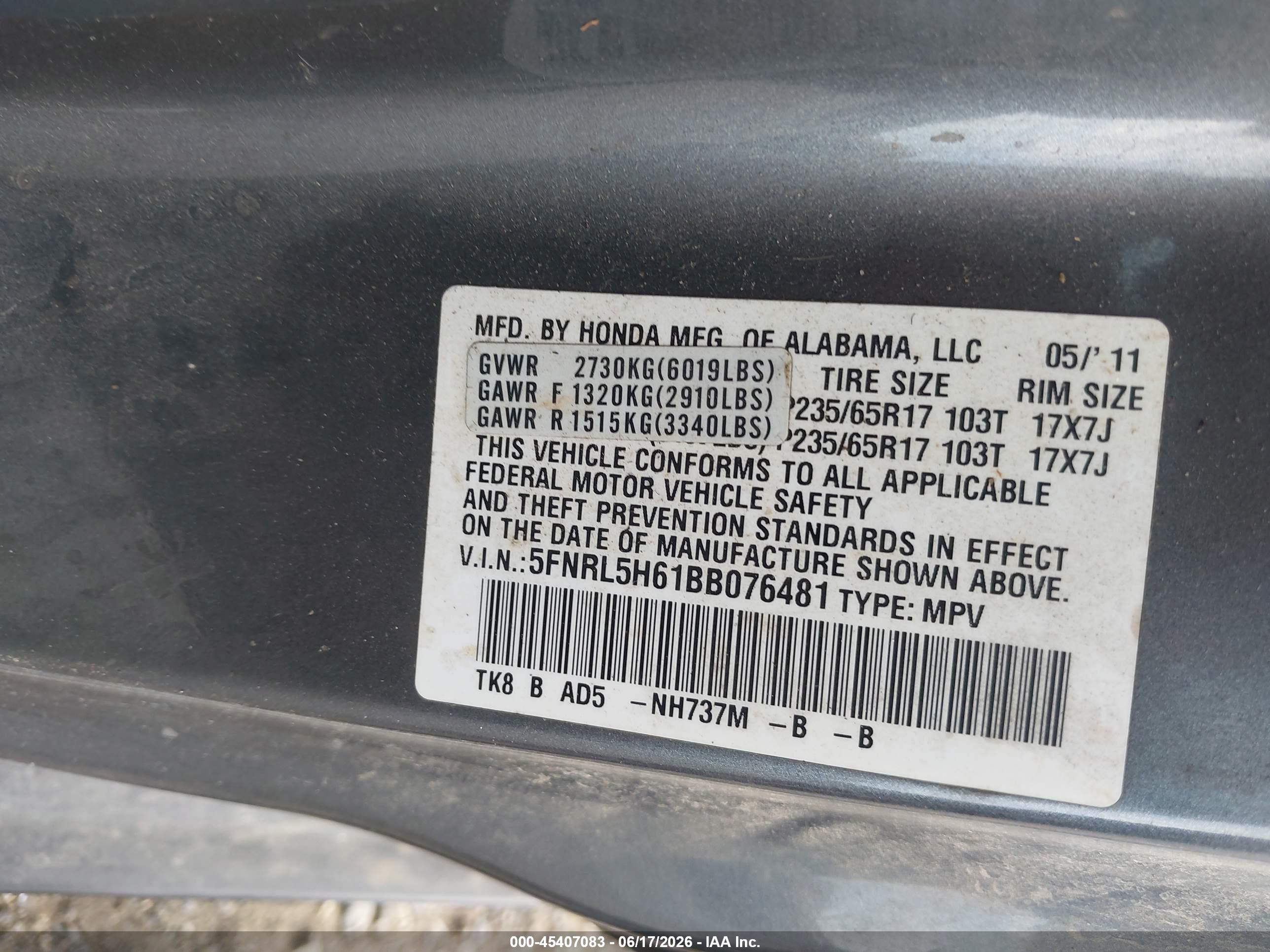 2011 Honda Odyssey Ex-l Gray vin: 5FNRL5H61BB076481