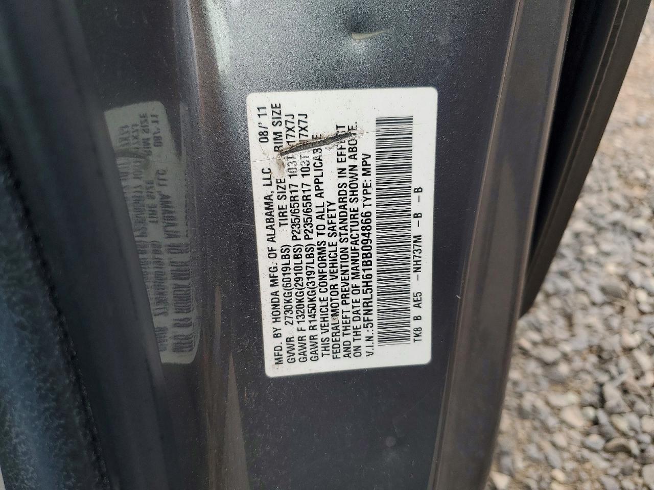 2011 Honda Odyssey Exl Gray vin: 5FNRL5H61BB094866