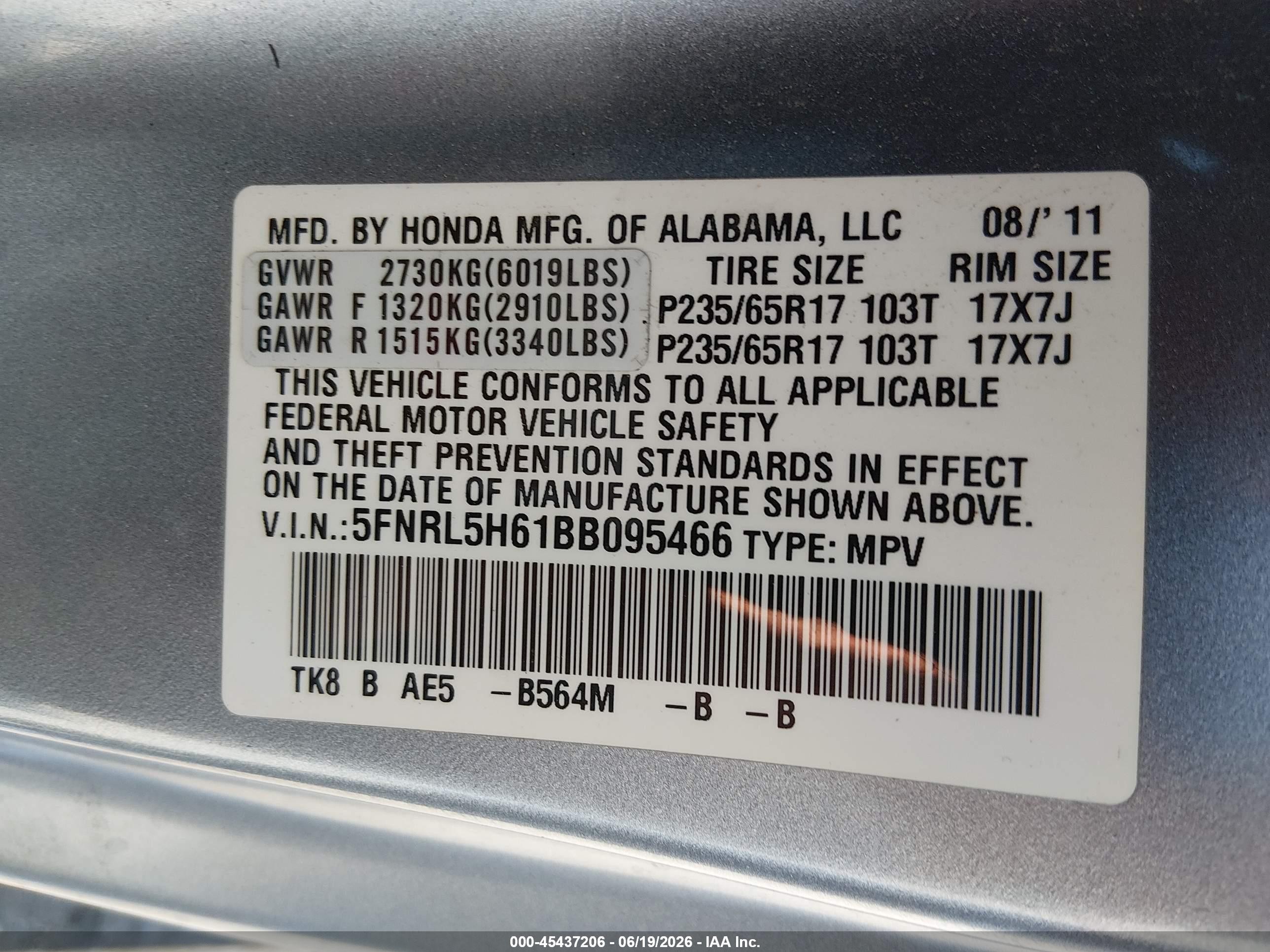 2011 Honda Odyssey Ex-l Blue vin: 5FNRL5H61BB095466