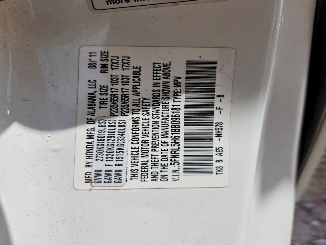2011 Honda Odyssey Exl White vin: 5FNRL5H61BB096181