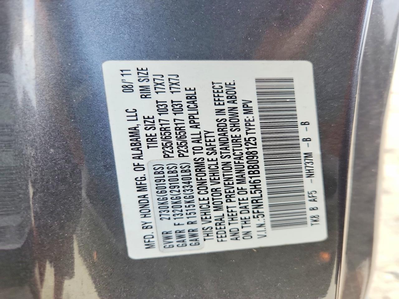 2011 Honda Odyssey Exl Gray vin: 5FNRL5H61BB098125