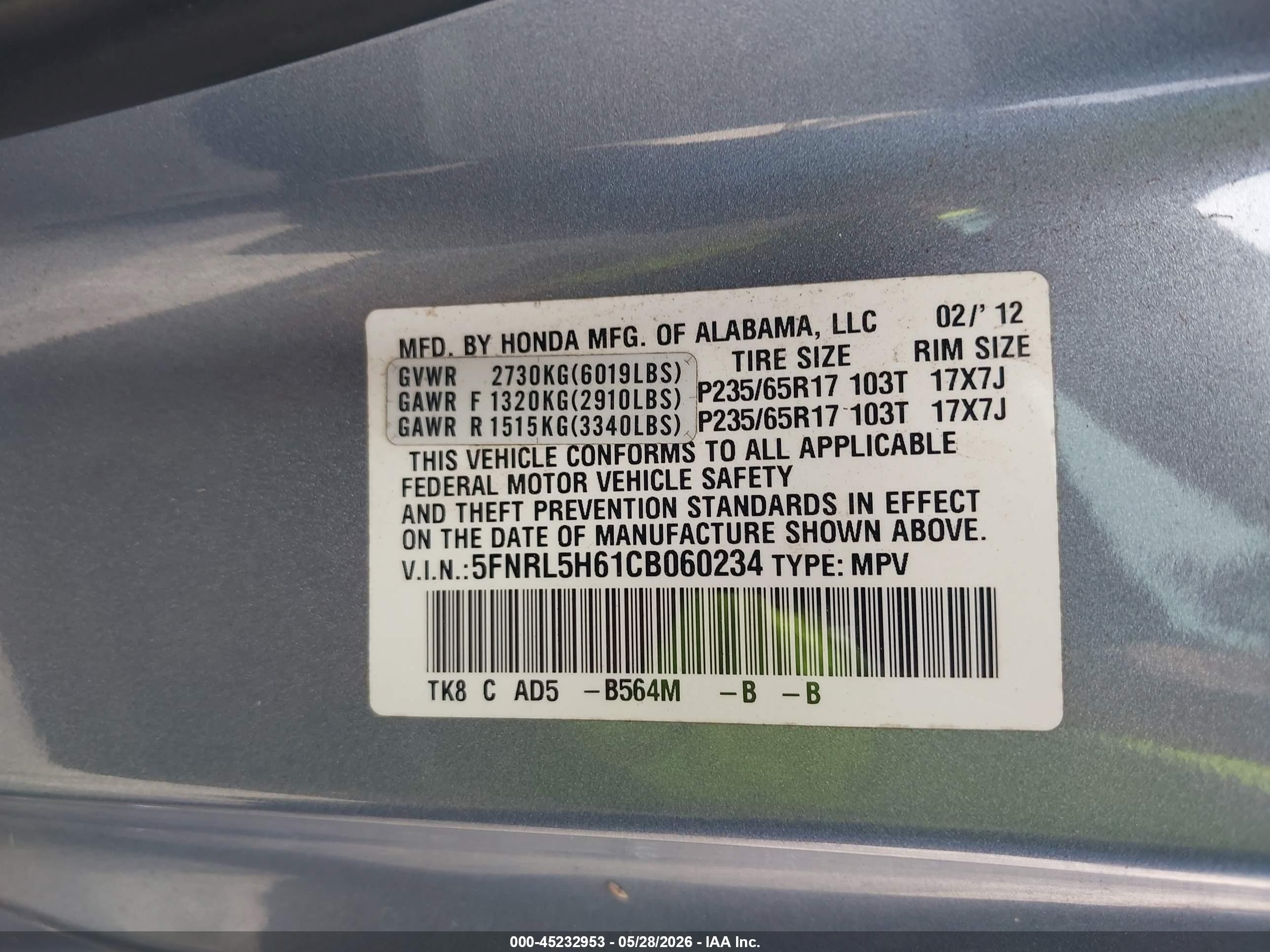2012 Honda Odyssey Ex-l Light Blue vin: 5FNRL5H61CB060234