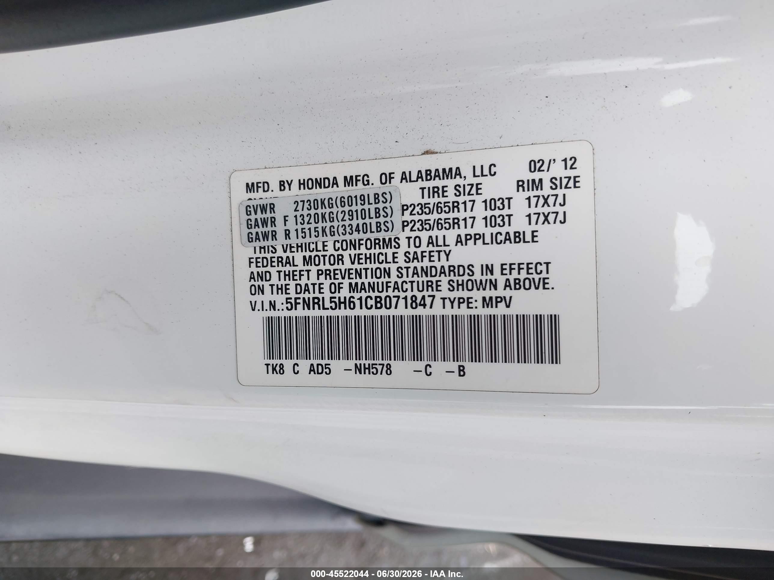 2012 Honda Odyssey Ex-l White vin: 5FNRL5H61CB071847
