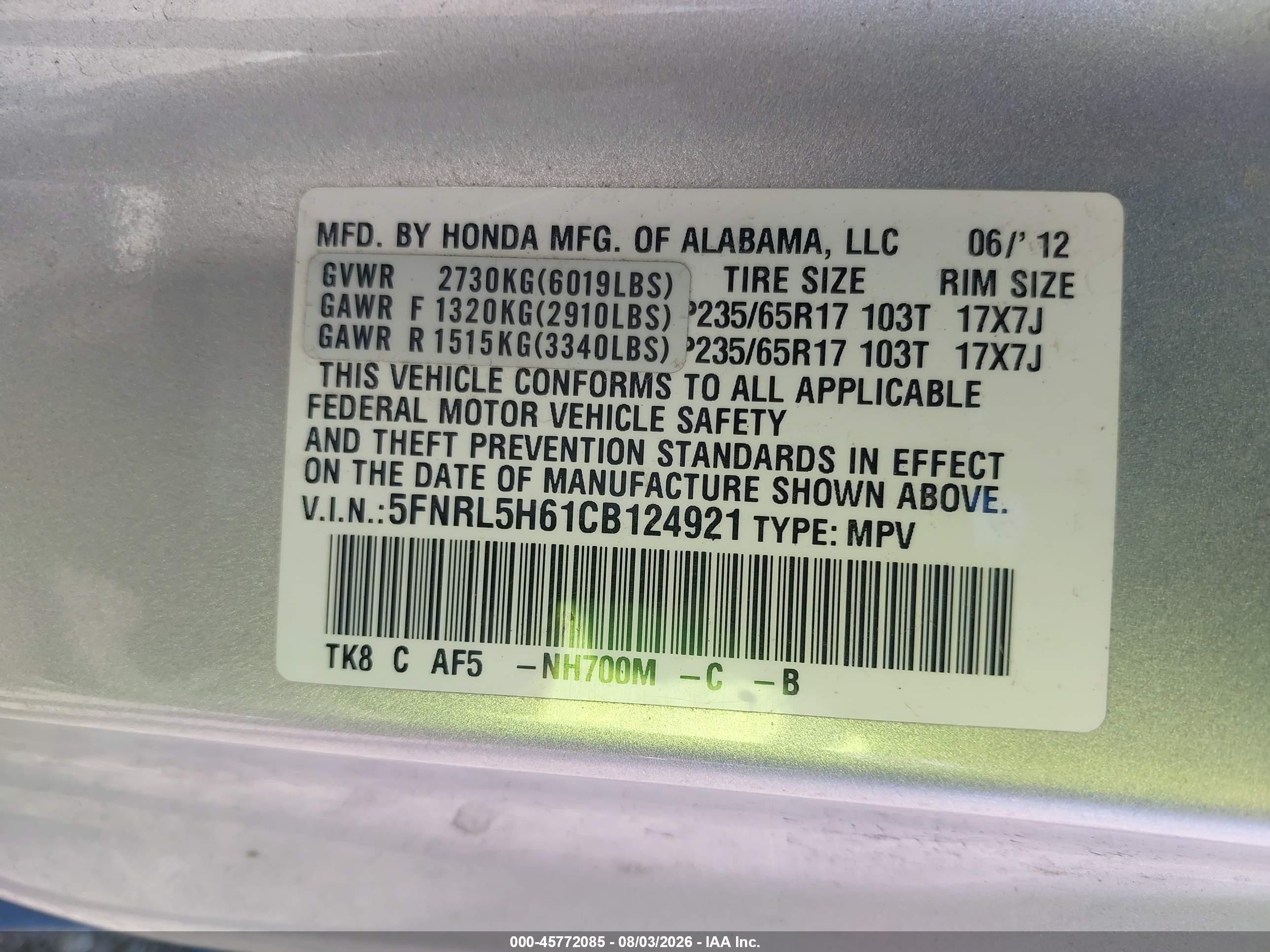 2012 Honda Odyssey Ex-l Silver vin: 5FNRL5H61CB124921