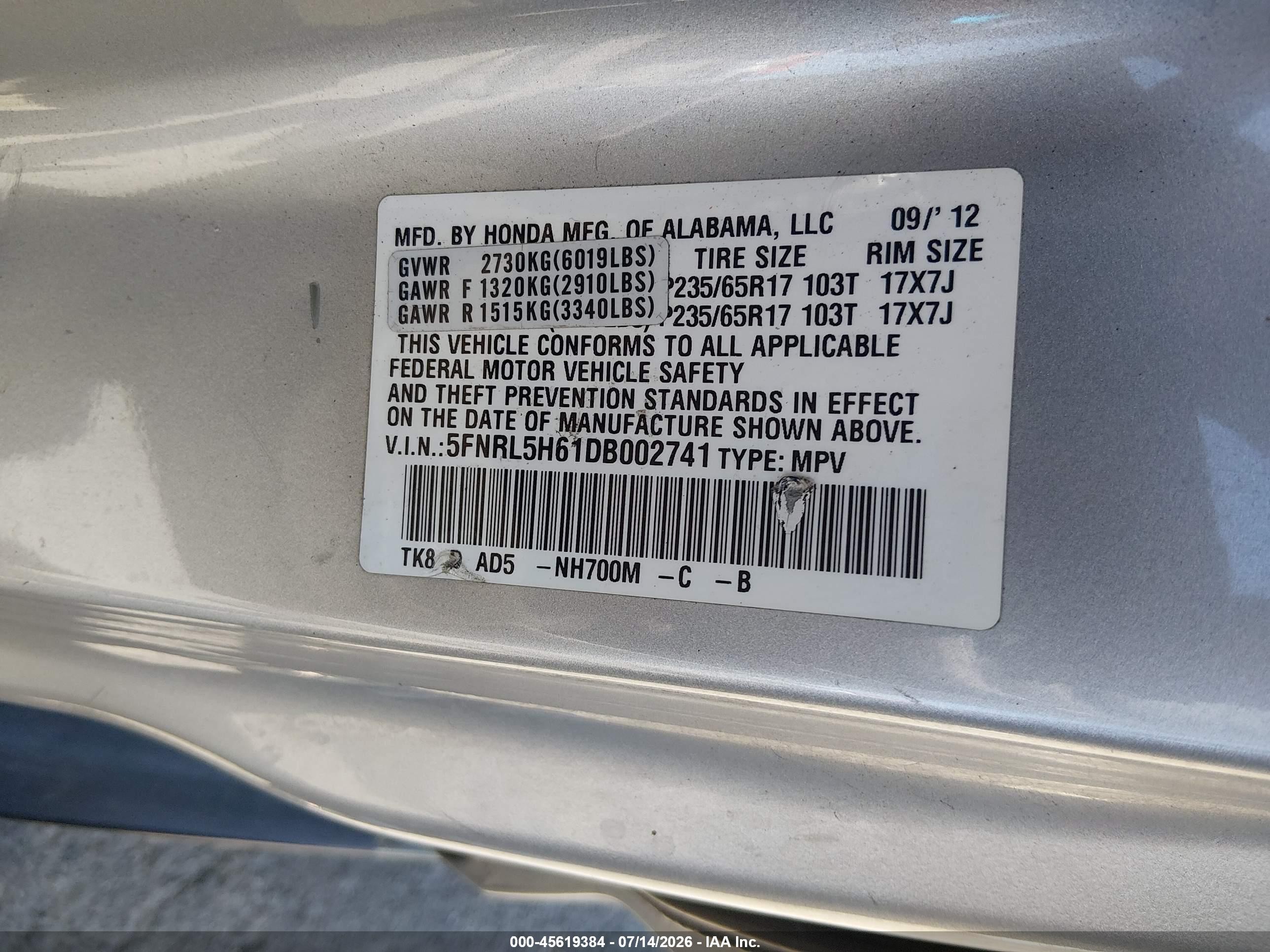 2013 Honda Odyssey Ex-l Silver vin: 5FNRL5H61DB002741