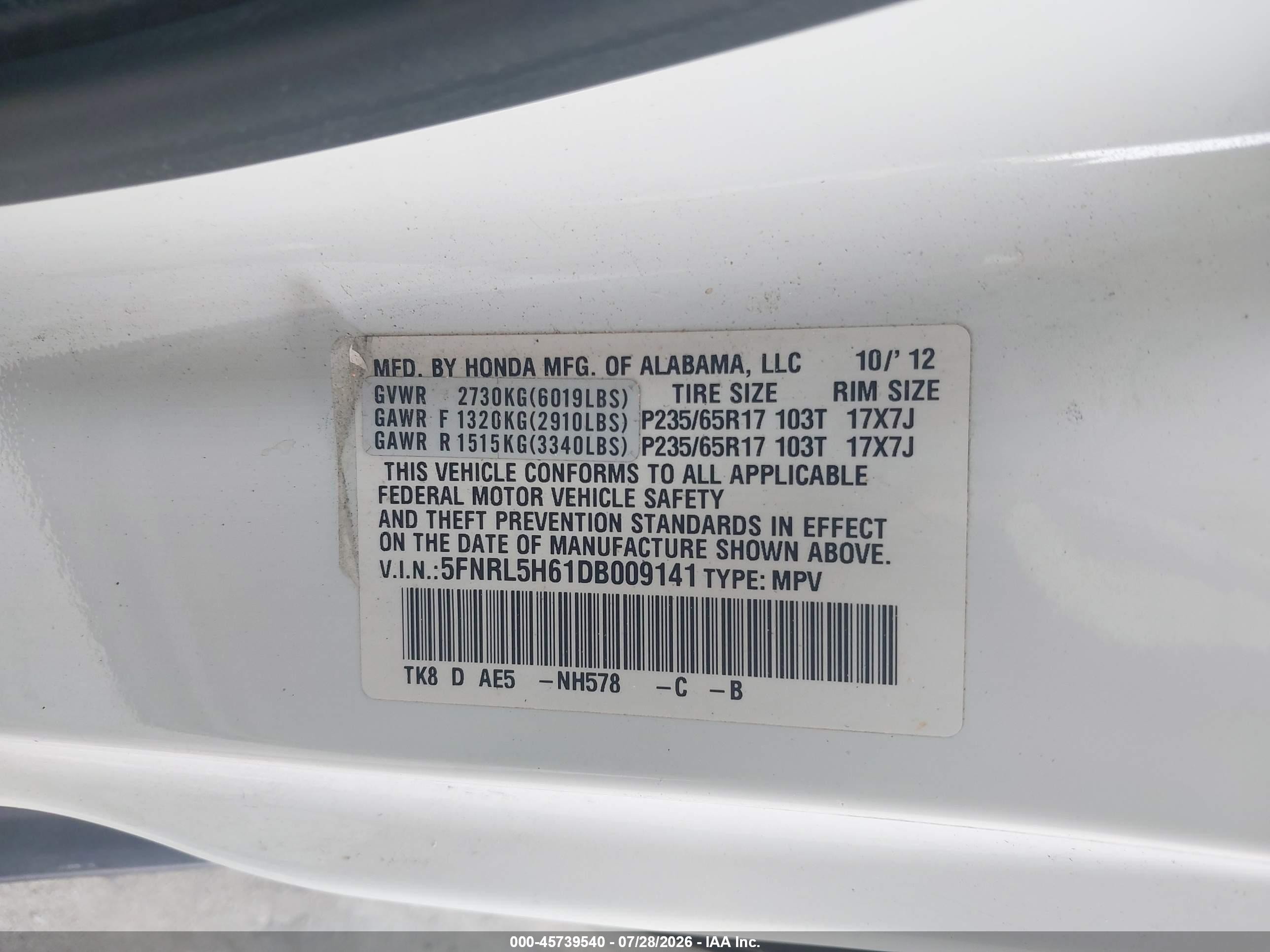 2013 Honda Odyssey Ex-l White vin: 5FNRL5H61DB009141