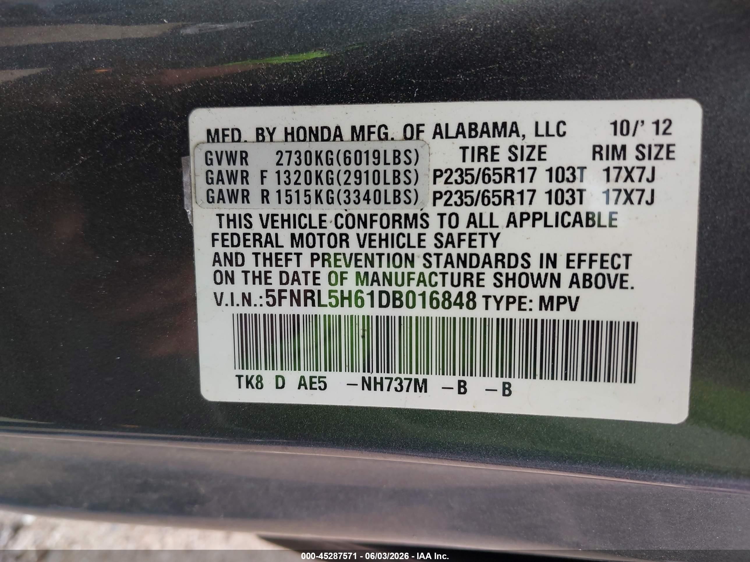 2013 Honda Odyssey Ex-l Gray vin: 5FNRL5H61DB016848